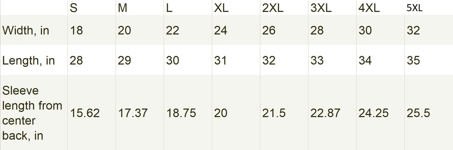 The Seonghwa ATEEZ Starry Night unisex T-Shirt is printed on a Gildan 2000 T-Shirt. This size chart displays measurements for sizes S to 5XL, including width, length, and sleeve length from center back in inches. ModeK Vetements.