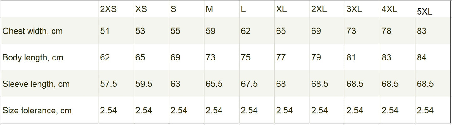 Table displaying measurements for chest width, body length, sleeve length, and size tolerance in centimeters with corresponding sizes.
Size chart of the Unisex hoodie, with front graphic showing a white porcelain coffee cup surrounded by cinnamon sticks, star anise, and coffee beans, with a dark foam surface blooming into a subtle flower shape. 100% organic, combed and ring-spun cotton from ModeK Vetements.