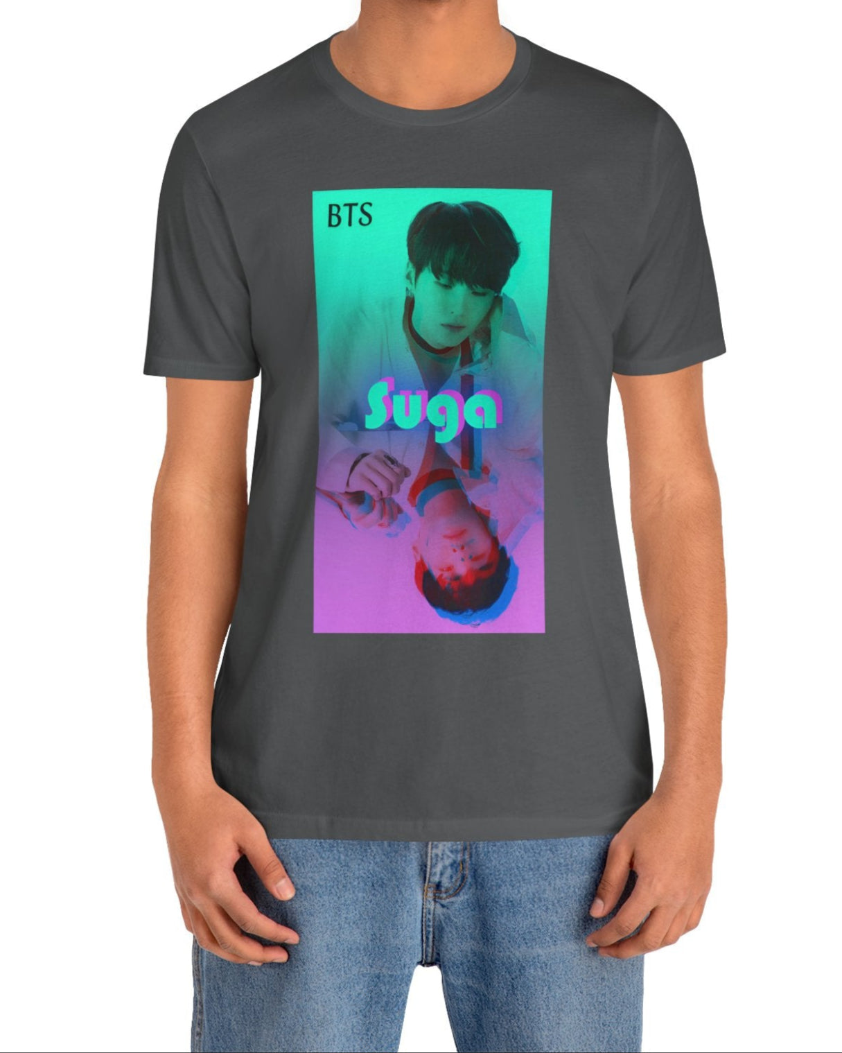 Unisex airlume combed & ring-spun cotton T-shirt in asphalt, featuring Suga of BTS (Agust D) in cyan, looking into a mirror. His lavender reflection appears glitched, starting at his right hand. The surreal gradient and distortion suggest a drifting, dreamlike moment out of sync with reality. From ModeK Vetements.