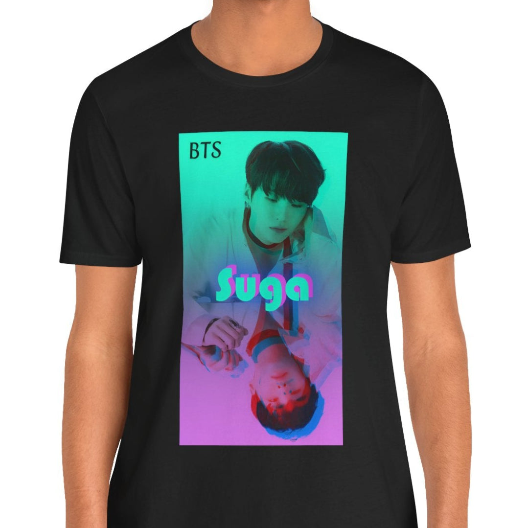 Unisex airlume combed & ring-spun cotton T-shirt in black, featuring Suga of BTS (Agust D) in cyan, looking into a mirror. His lavender reflection appears glitched, starting at his right hand. The surreal gradient and distortion suggest a drifting, dreamlike moment out of sync with reality. From ModeK Vetements.