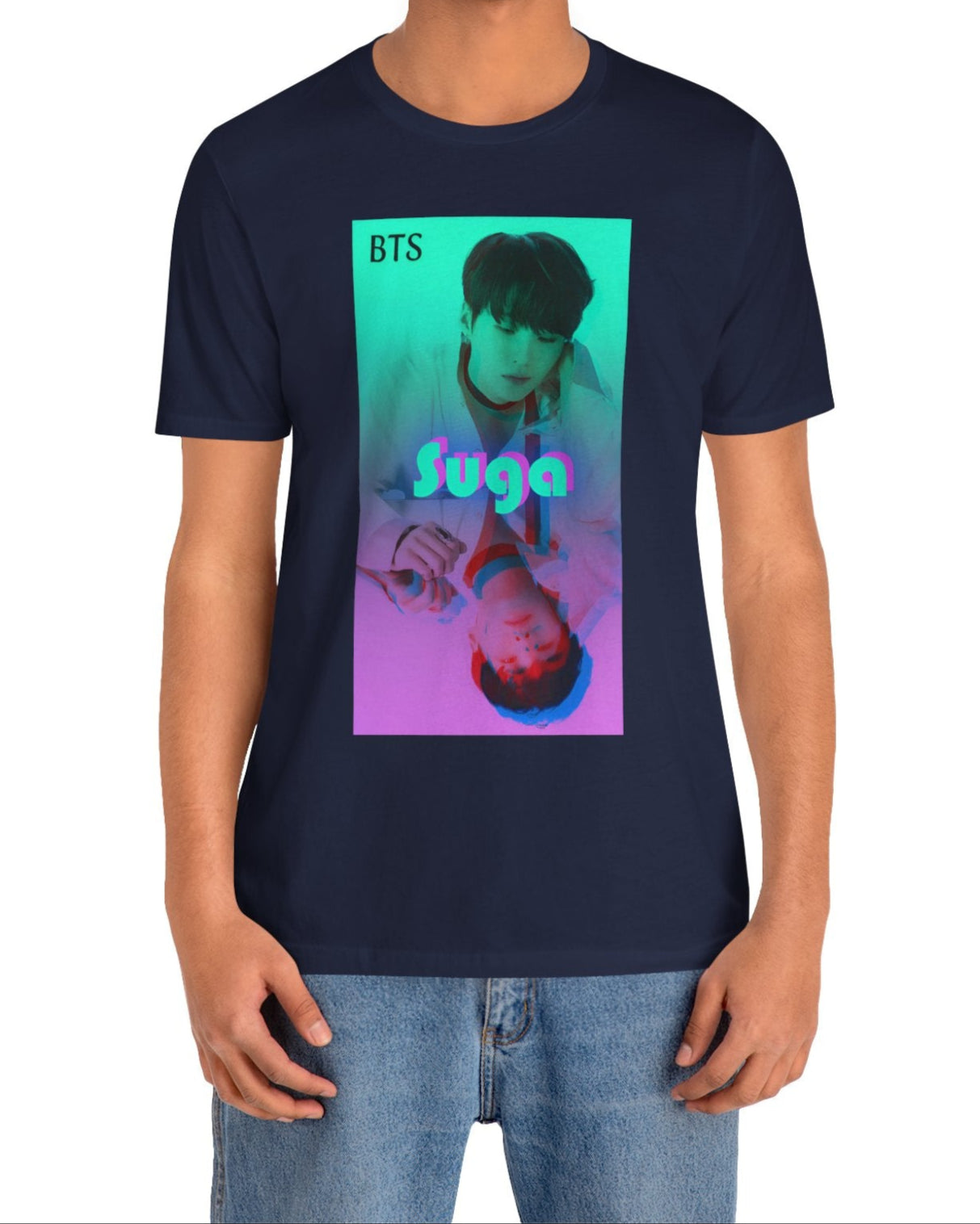 Unisex airlume combed & ring-spun cotton T-shirt in navy, featuring Suga of BTS (Agust D) in cyan, looking into a mirror. His lavender reflection appears glitched, starting at his right hand. The surreal gradient and distortion suggest a drifting, dreamlike moment out of sync with reality. From ModeK Vetements.