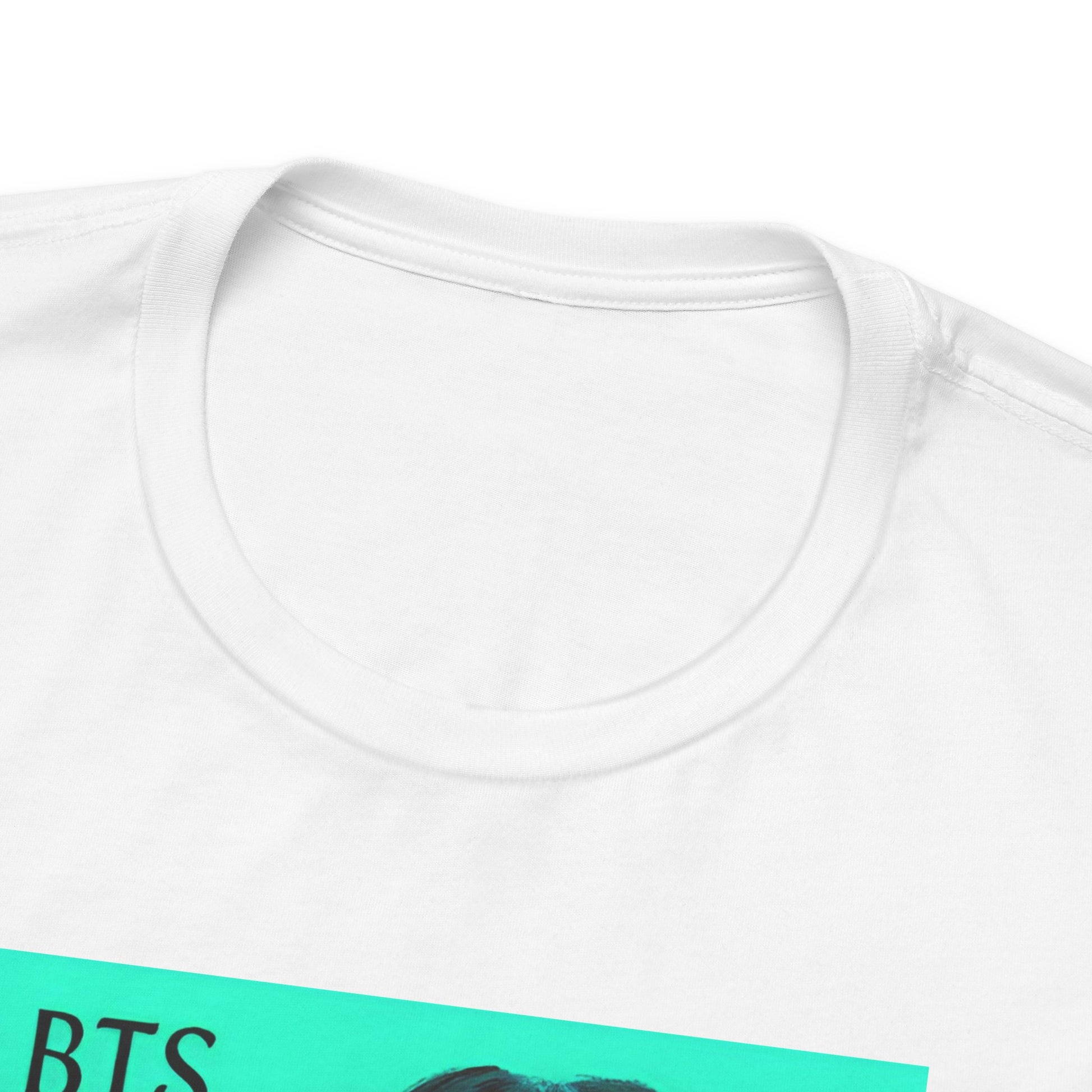 Close-up on the neckline of the Unisex airlume combed & ring-spun cotton T-shirt in white, featuring Suga of BTS (Agust D) in cyan, looking into a mirror. His lavender reflection appears glitched, starting at his right hand. The surreal gradient and distortion suggest a drifting, dreamlike moment out of sync with reality. From ModeK Vetements.