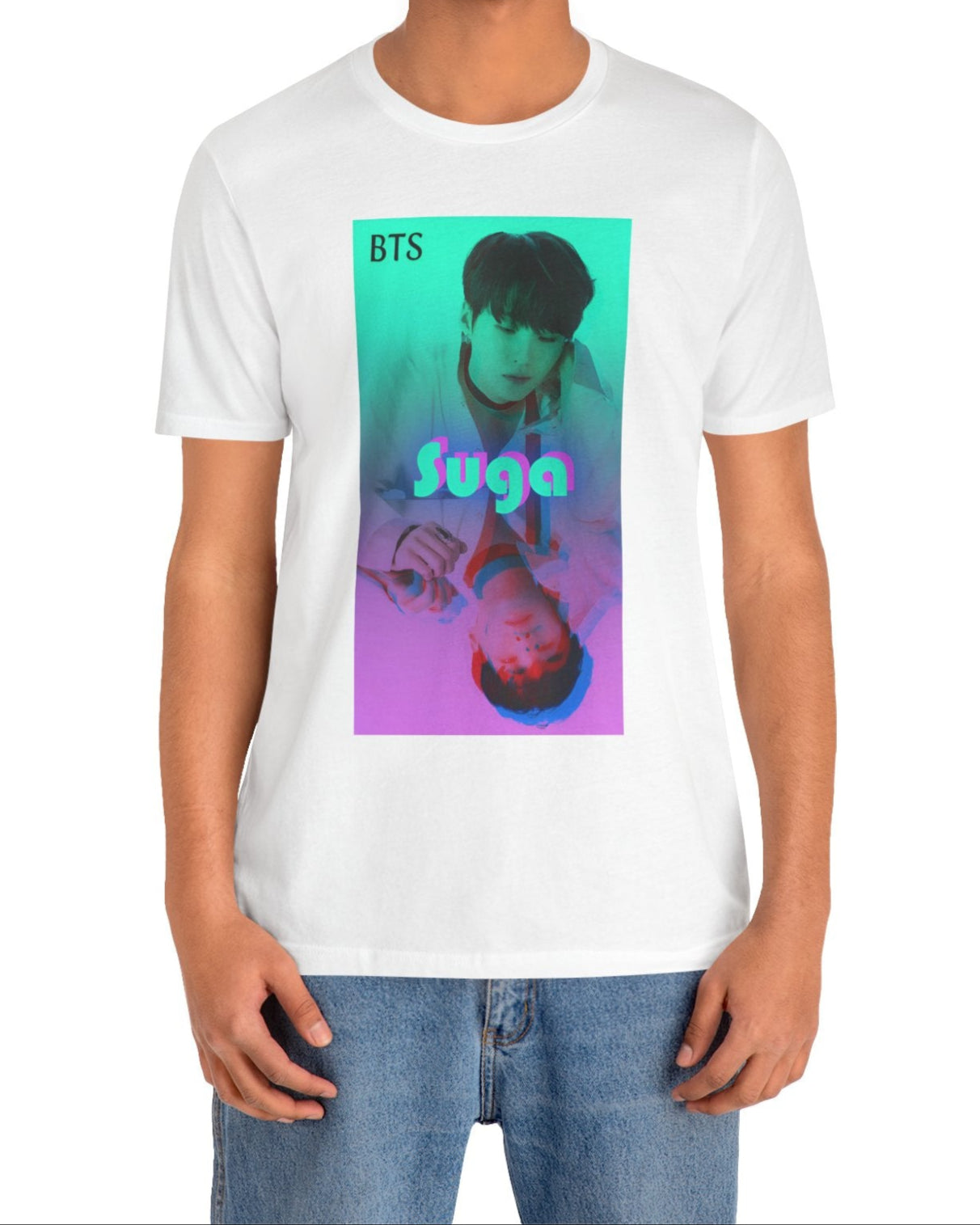 Unisex airlume combed & ring-spun cotton T-shirt in white, featuring Suga of BTS (Agust D) in cyan, looking into a mirror. His lavender reflection appears glitched, starting at his right hand. The surreal gradient and distortion suggest a drifting, dreamlike moment out of sync with reality. From ModeK Vetements.