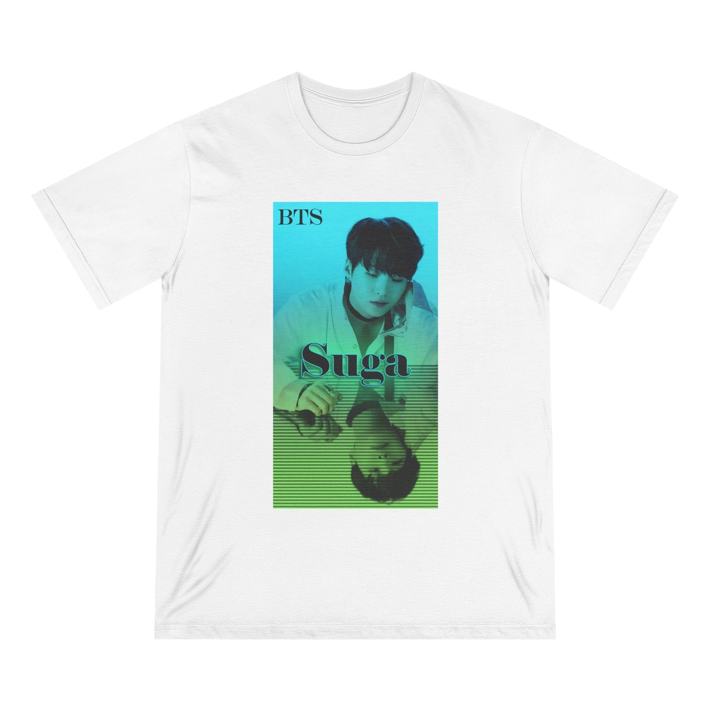 Unisex combed organic cotton T-shirt in white, featuring Agust D (Suga of BTS) in a turquoise-to-green gradient design. His clear image sits above, while a mirrored reflection below is overlaid with horizontal scan lines, suggesting a digital echo or filtered version of the original. From ModeK Vetements.