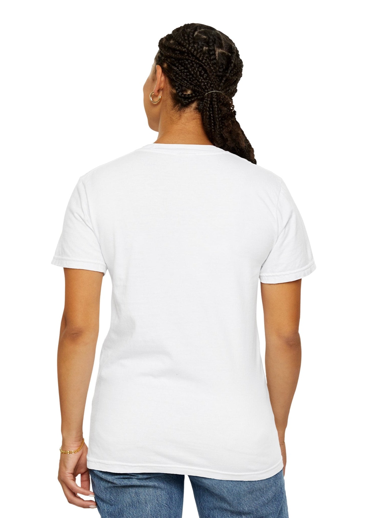 Back of the Agust D or SUGA BTS monochrome collage unisex t-shirt. A plain white back with a classic crew neckline and short sleeves, showcasing the relaxed fit of the Comfort Colors 1717 tee. ModeK Vetements.