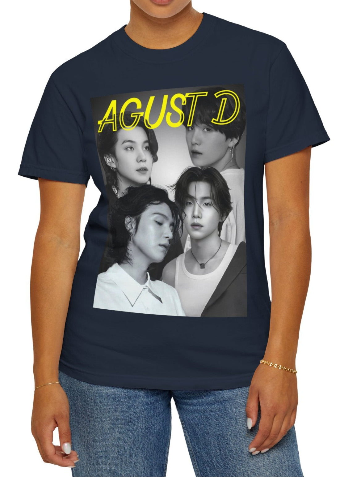 Agust D | SUGA BTS Unisex T-Shirt in navy – Monochrome Collage. A bold black-and-white collage featuring multiple portraits of Agust D and SUGA, with a transparent-outlined text effect for a modern, artistic touch. ModeK Vetements.