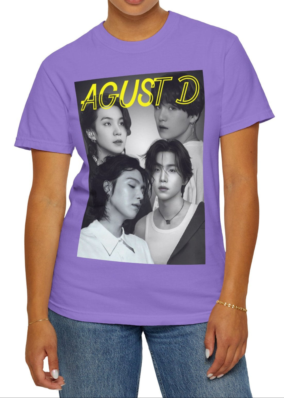 Agust D | SUGA BTS Unisex T-Shirt in violet – Monochrome Collage. A bold black-and-white collage featuring multiple portraits of Agust D and SUGA, with a transparent-outlined text effect for a modern, artistic touch. ModeK Vetements.