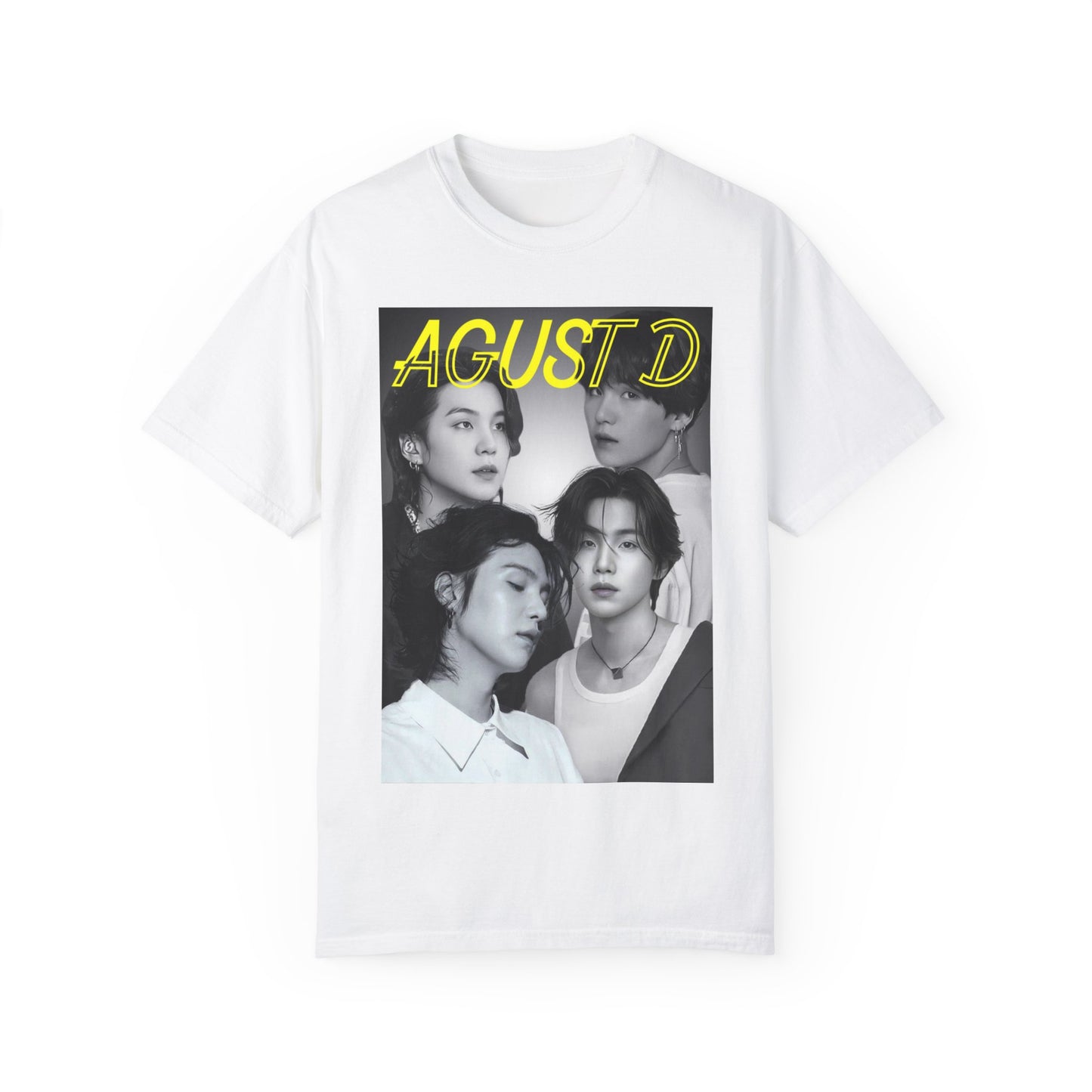 Flat Agust D | SUGA BTS Unisex T-Shirt in white – Monochrome Collage. A bold black-and-white collage featuring multiple portraits of Agust D and SUGA, with a transparent-outlined text effect for a modern, artistic touch. ModeK Vetements.