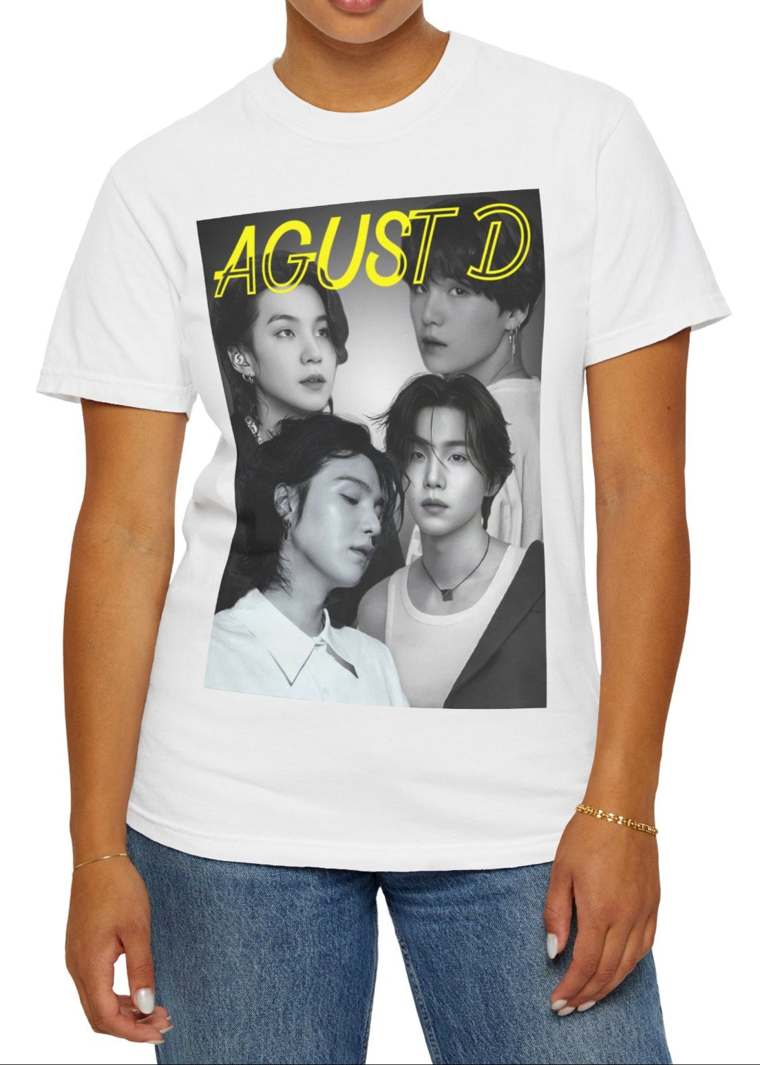 Agust D | SUGA BTS Unisex T-Shirt in white – Monochrome Collage. A bold black-and-white collage featuring multiple portraits of Agust D and SUGA, with a transparent-outlined text effect for a modern, artistic touch. ModeK Vetements.