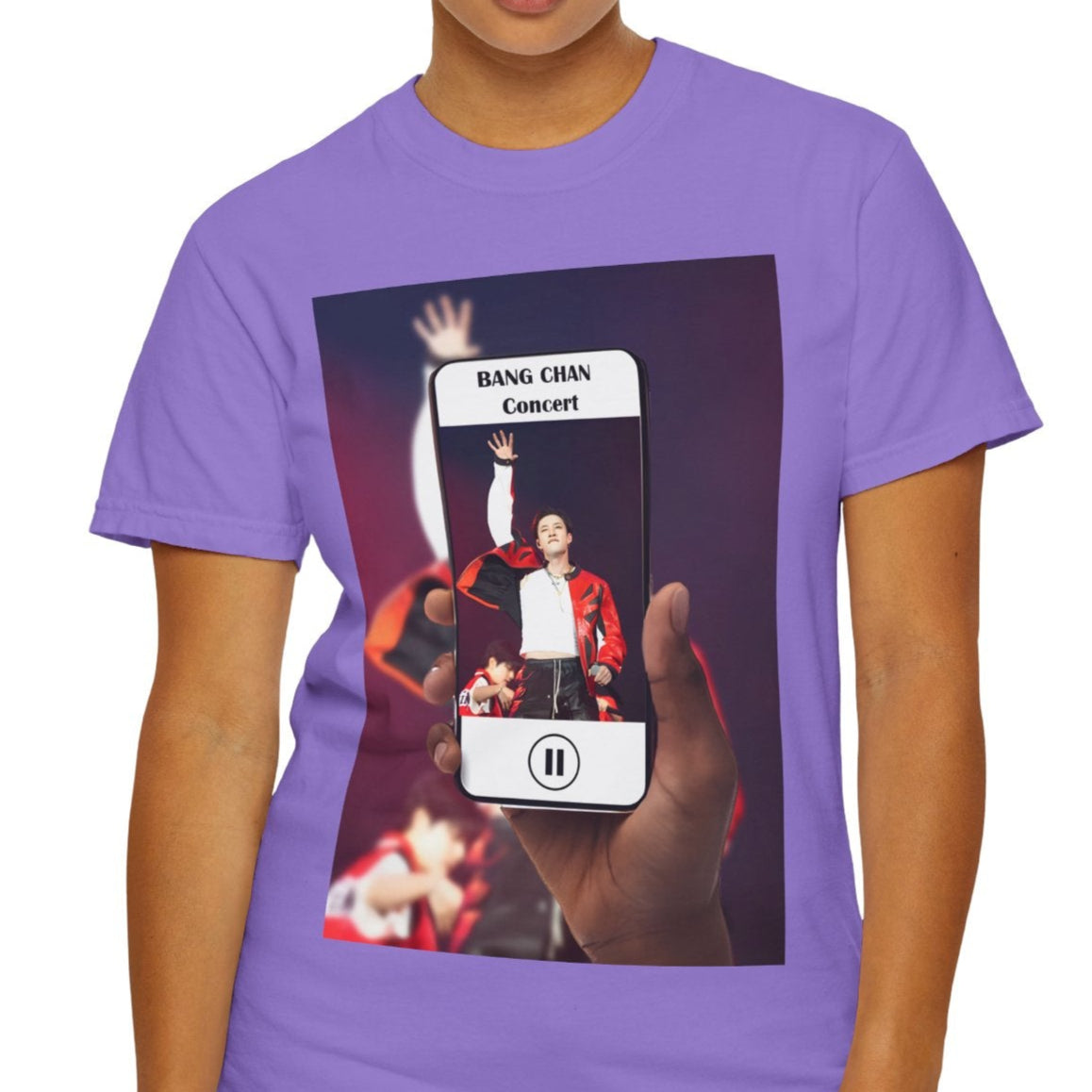 Bang Chan Stray Kids Unisex T-Shirt in violet – Live in Motion. A dynamic concert-inspired design featuring Bang Chan mid-performance, framed within a phone screen with a video player effect. The blurred background and stage lighting enhance the immersive, live-performance feel. ModeK Vetements.