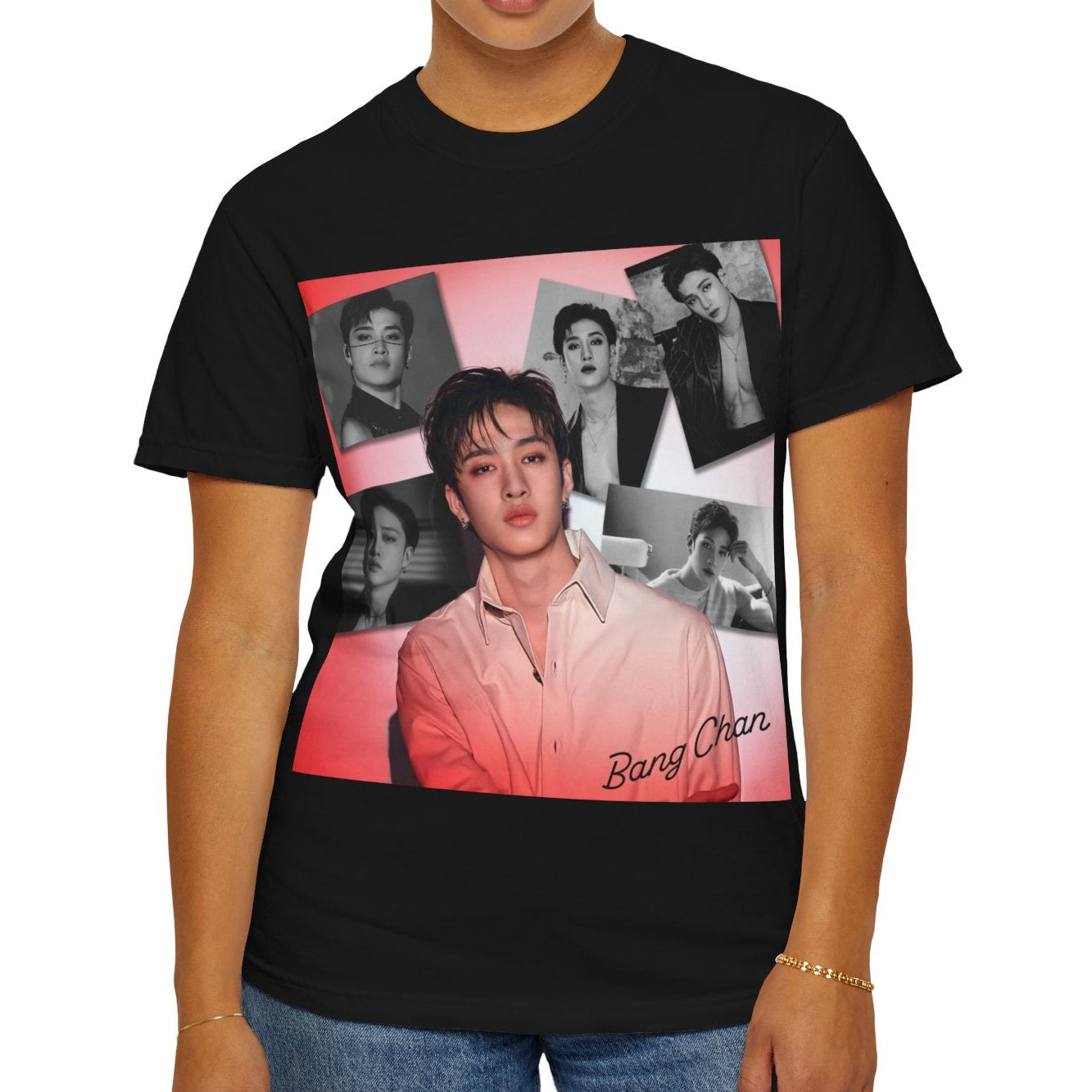 Bang Chan Stray Kids Unisex T-Shirt in black, featuring a soft pink glow and black-and-white portraits. A design capturing his warmth, quiet confidence, and magnetic presence. 100% ring-spun cotton from ModeK Vetements.