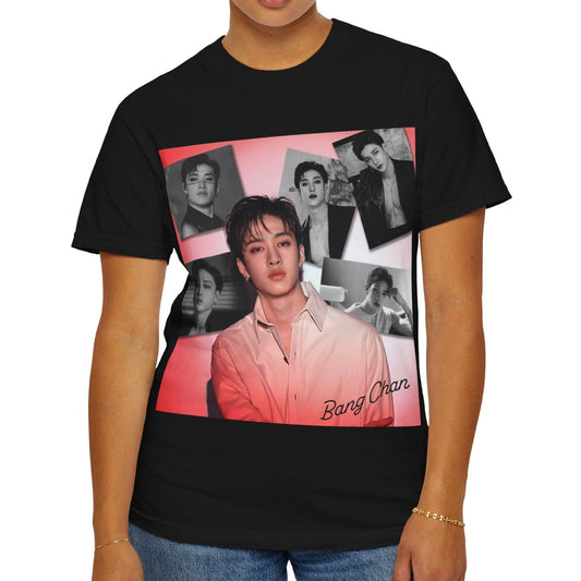 Bang Chan Stray Kids Unisex T-Shirt in black, featuring a soft pink glow and black-and-white portraits. A design capturing his warmth, quiet confidence, and magnetic presence. 100% ring-spun cotton from ModeK Vetements.