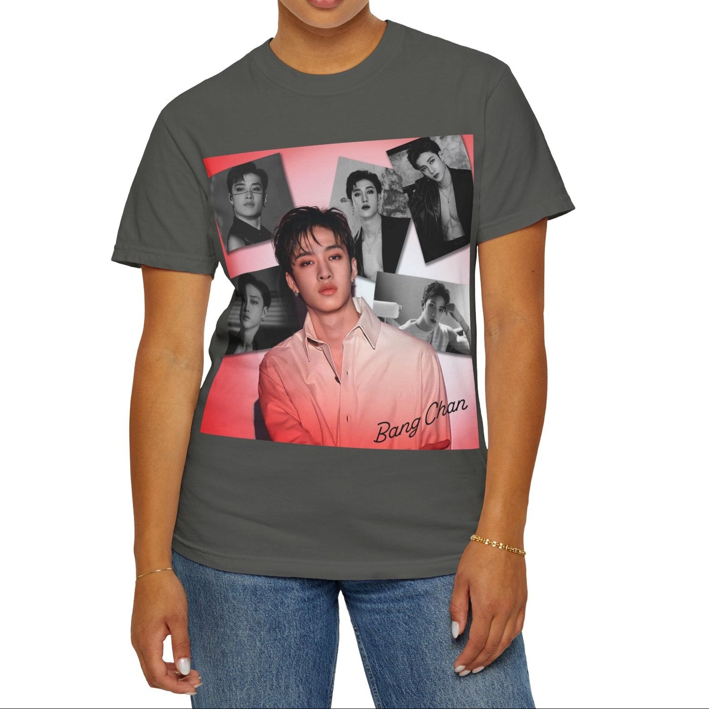 Bang Chan Stray Kids Unisex T-Shirt in pepper, featuring a soft pink glow and black-and-white portraits. A design capturing his warmth, quiet confidence, and magnetic presence. 100% ring-spun cotton from ModeK Vetements.