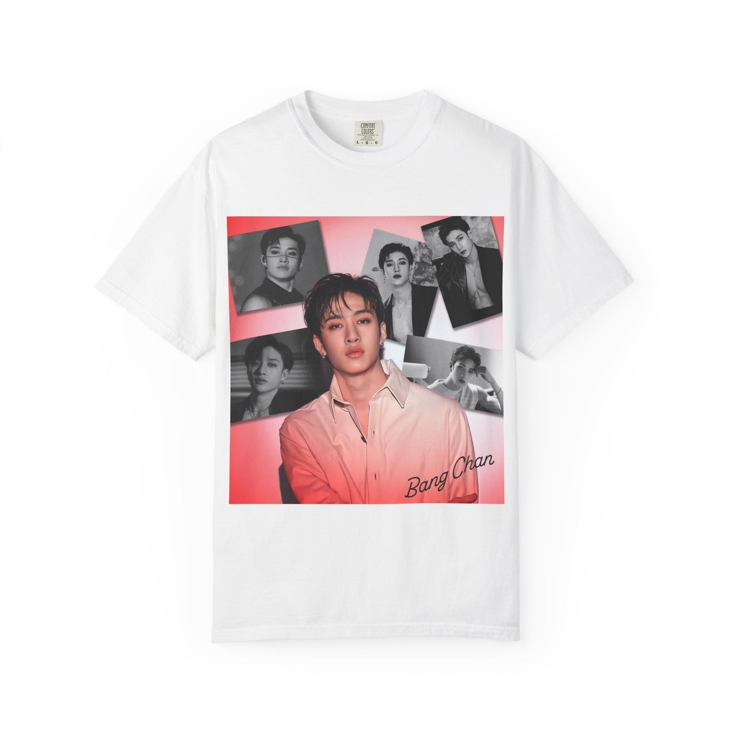 Draped Bang Chan Stray Kids Unisex T-Shirt in white, featuring a soft pink glow and black-and-white portraits. A design capturing his warmth, quiet confidence, and magnetic presence. 100% ring-spun cotton from ModeK Vetements.