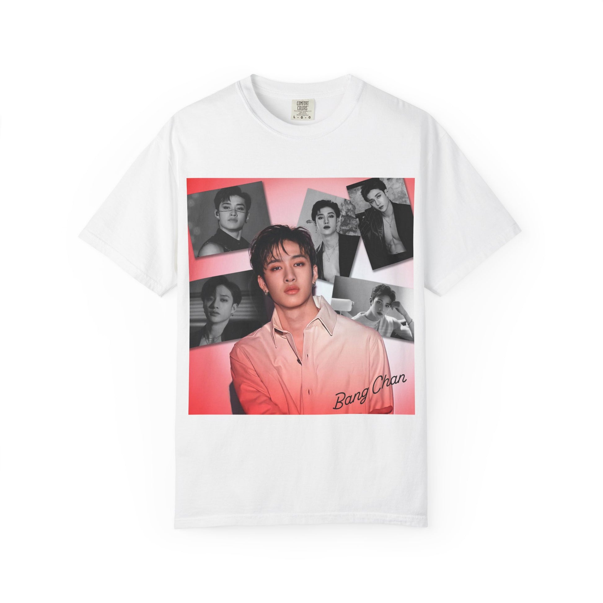 Draped Bang Chan Stray Kids Unisex T-Shirt in white, featuring a soft pink glow and black-and-white portraits. A design capturing his warmth, quiet confidence, and magnetic presence. 100% ring-spun cotton from ModeK Vetements.