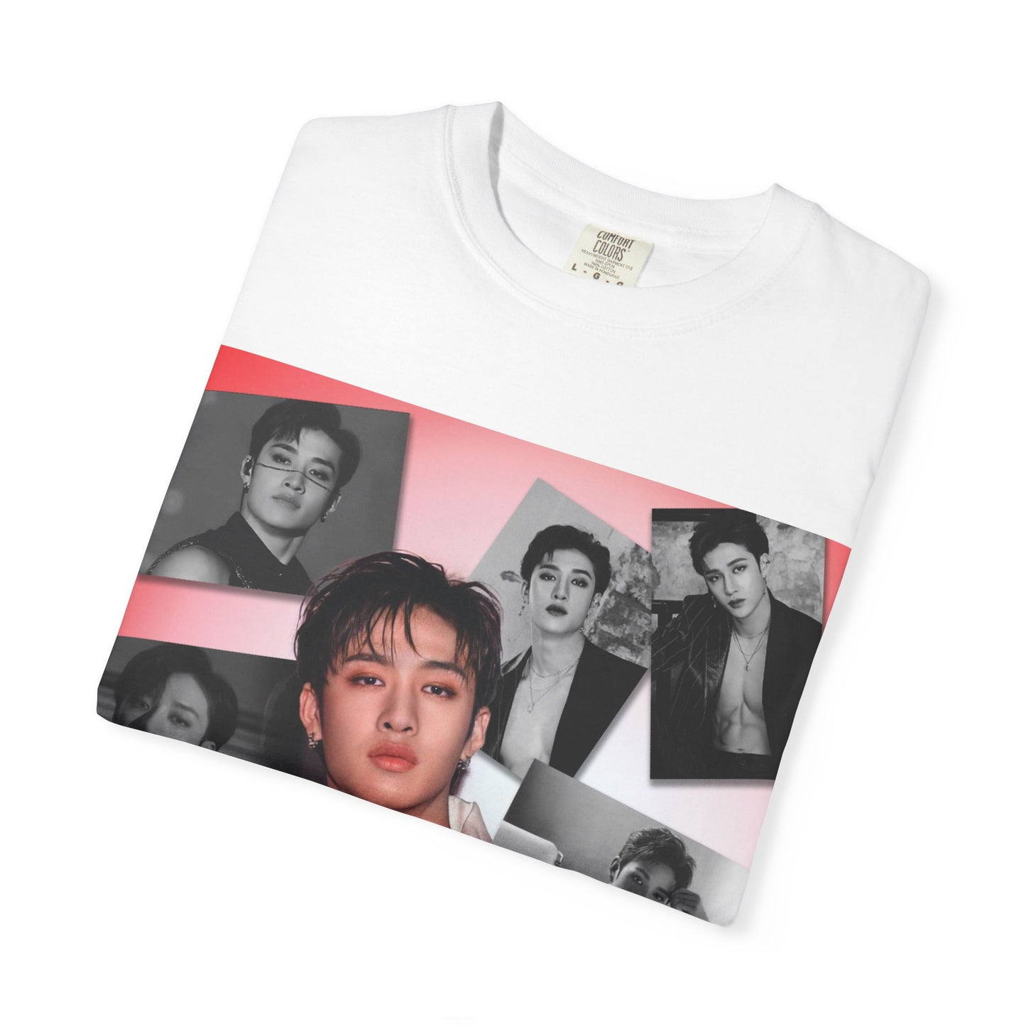 Folded Bang Chan Stray Kids Unisex T-Shirt in white, featuring a soft pink glow and black-and-white portraits. A design capturing his warmth, quiet confidence, and magnetic presence. 100% ring-spun cotton from ModeK Vetements.