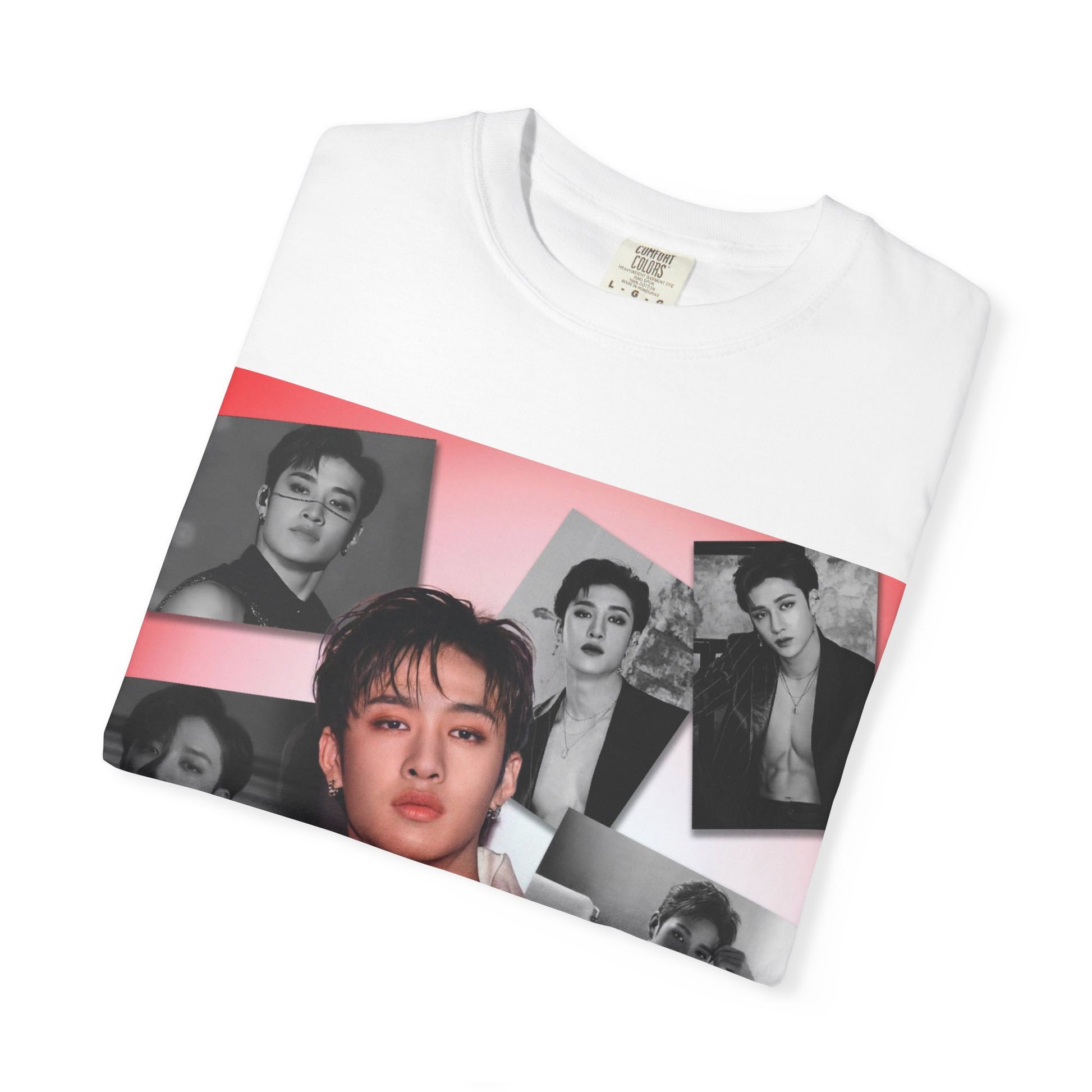 Folded Bang Chan Stray Kids Unisex T-Shirt in white, featuring a soft pink glow and black-and-white portraits. A design capturing his warmth, quiet confidence, and magnetic presence. 100% ring-spun cotton from ModeK Vetements.