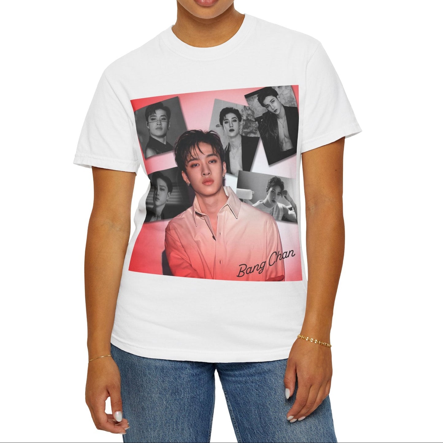 Bang Chan Stray Kids Unisex T-Shirt in white, featuring a soft pink glow and black-and-white portraits. A design capturing his warmth, quiet confidence, and magnetic presence. 100% ring-spun cotton from ModeK Vetements.