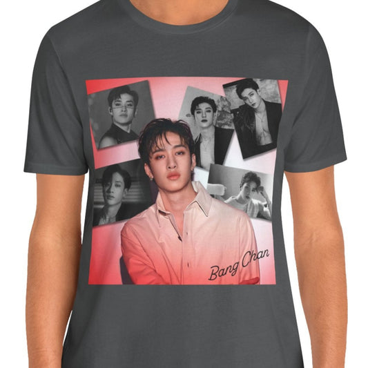 Bang Chan Stray Kids Unisex T-Shirt in asphalt, featuring a soft pink glow and black-and-white portraits. A design capturing his warmth, quiet confidence, and magnetic presence. ModeK Vetements.