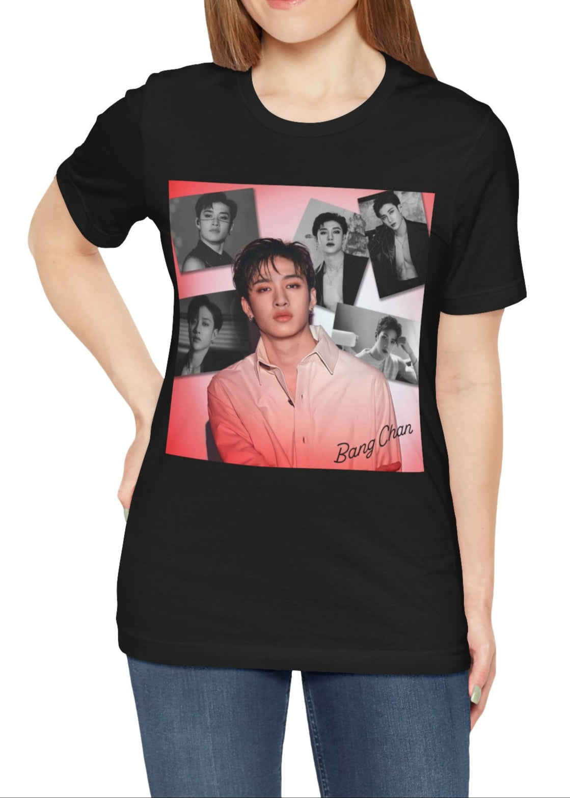 Bang Chan Stray Kids Unisex T-Shirt in black, featuring a soft pink glow and black-and-white portraits. A design capturing his warmth, quiet confidence, and magnetic presence. ModeK Vetements.