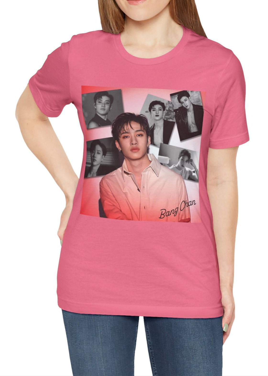 Bang Chan Stray Kids Unisex T-Shirt in charity pink, featuring a soft pink glow and black-and-white portraits. A design capturing his warmth, quiet confidence, and magnetic presence. ModeK Vetements.