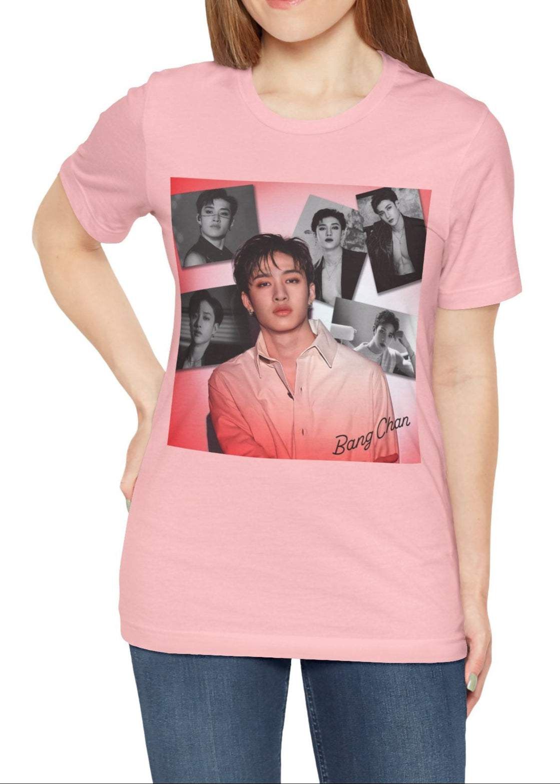 Bang Chan Stray Kids Unisex T-Shirt in pink, featuring a soft pink glow and black-and-white portraits. A design capturing his warmth, quiet confidence, and magnetic presence. ModeK Vetements.