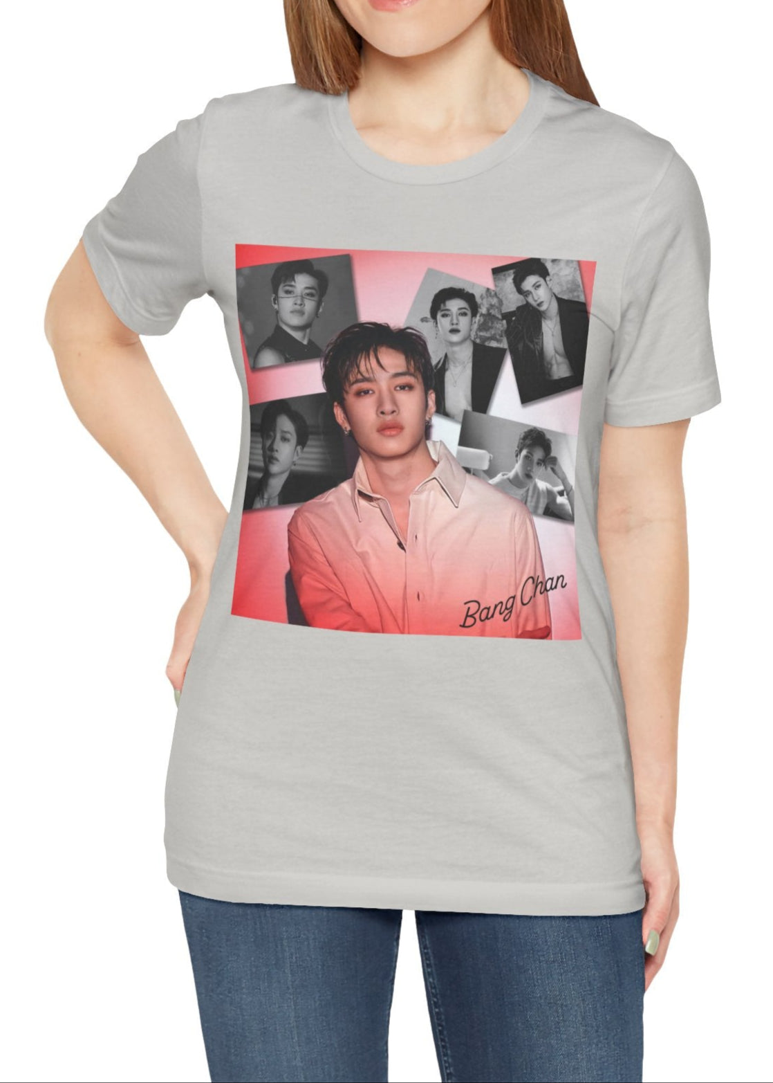 Bang Chan Stray Kids Unisex T-Shirt in silver, featuring a soft pink glow and black-and-white portraits. A design capturing his warmth, quiet confidence, and magnetic presence. ModeK Vetements.