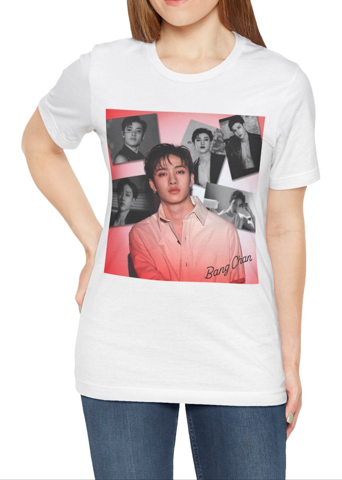 Bang Chan Stray Kids Unisex T-Shirt in white, featuring a soft pink glow and black-and-white portraits. A design capturing his warmth, quiet confidence, and magnetic presence. ModeK Vetements.