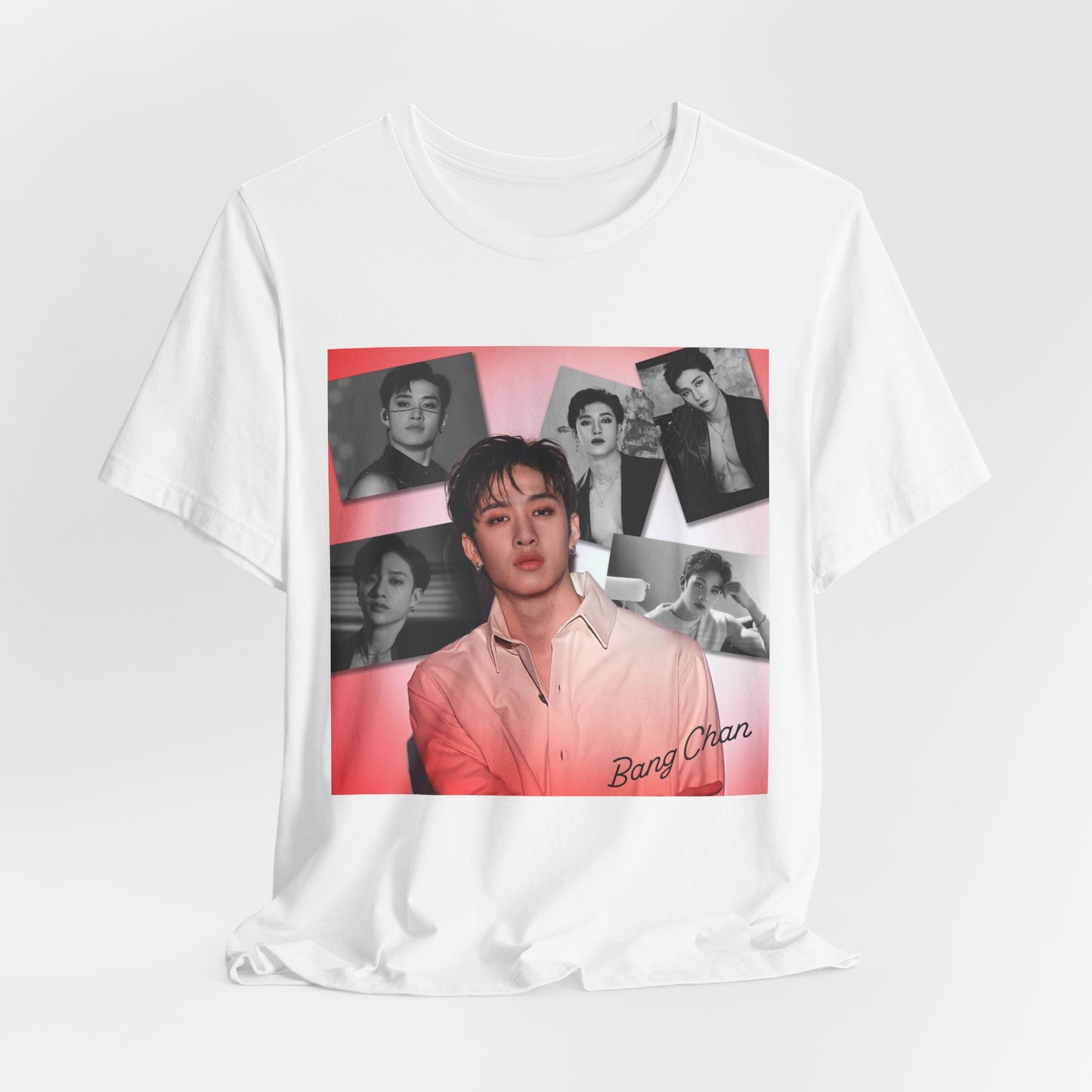 Draped Bang Chan Stray Kids Unisex T-Shirt in white, featuring a soft pink glow and black-and-white portraits. A design capturing his warmth, quiet confidence, and magnetic presence. ModeK Vetements.