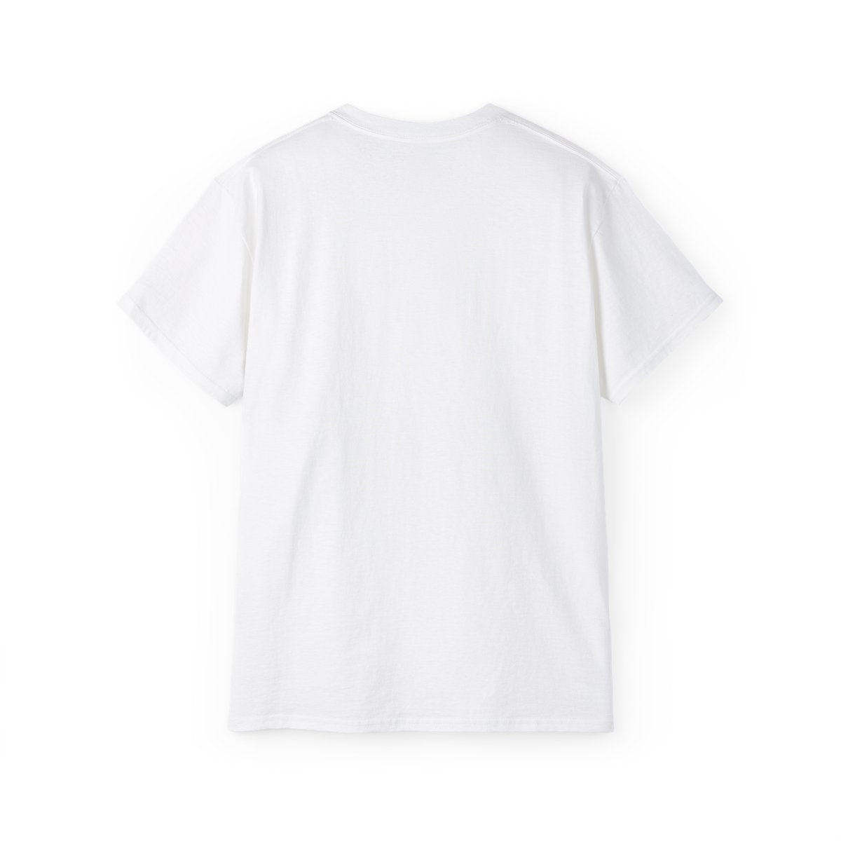 Back of the unisex 100% cotton T-shirt in white. The front of the shirt displays a high-contrast black-and-white portrait of K-pop star V (Kim Taehyung) looking forward with a contemplative expression. Encircling him are vibrant red, glowing 3D oval rings. A styled "V" appears in the top-left corner and a red "BTS" logo in the top-right corner. From ModeK Vetements.