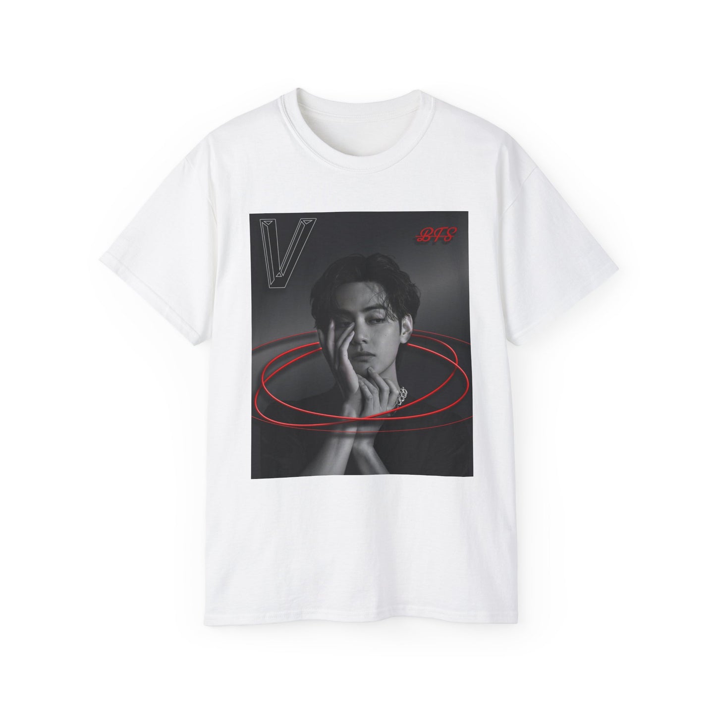 Draping, unisex 100% cotton T-shirt in white. The front of the shirt displays a high-contrast black-and-white portrait of K-pop star V (Kim Taehyung) looking forward with a contemplative expression. Encircling him are vibrant red, glowing 3D oval rings. A styled "V" appears in the top-left corner and a red "BTS" logo in the top-right corner. From ModeK Vetements.