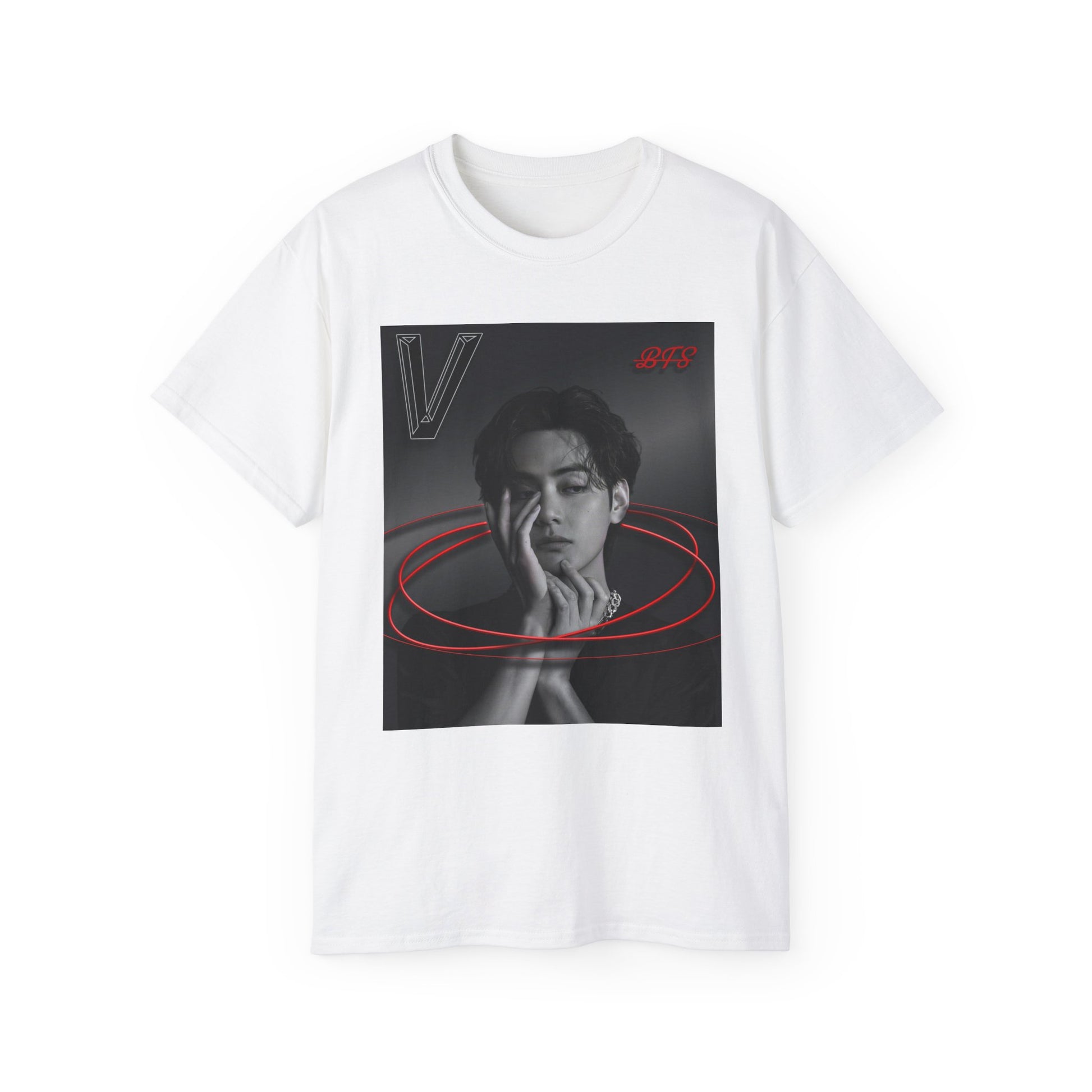 Draping, unisex 100% cotton T-shirt in white. The front of the shirt displays a high-contrast black-and-white portrait of K-pop star V (Kim Taehyung) looking forward with a contemplative expression. Encircling him are vibrant red, glowing 3D oval rings. A styled "V" appears in the top-left corner and a red "BTS" logo in the top-right corner. From ModeK Vetements.