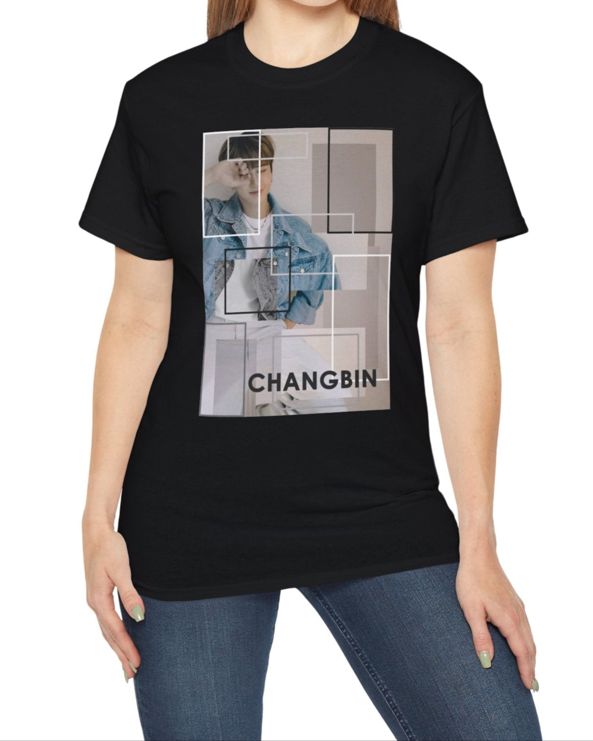 Changbin Stray Kids unisex T-shirt in black, featuring a modern graphic design with layered rectangles in soft sand tones, evoking abstract art and architectural style. ModeK Vetements.