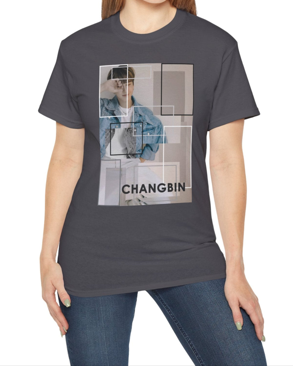 Changbin Stray Kids unisex T-shirt in charcoal, featuring a modern graphic design with layered rectangles in soft sand tones, evoking abstract art and architectural style. ModeK Vetements.