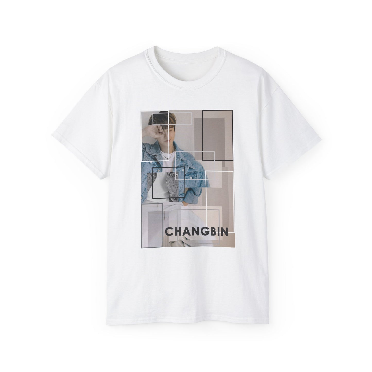Flat Changbin Stray Kids unisex T-shirt in white, featuring a modern graphic design with layered rectangles in soft sand tones, evoking abstract art and architectural style. ModeK Vetements.