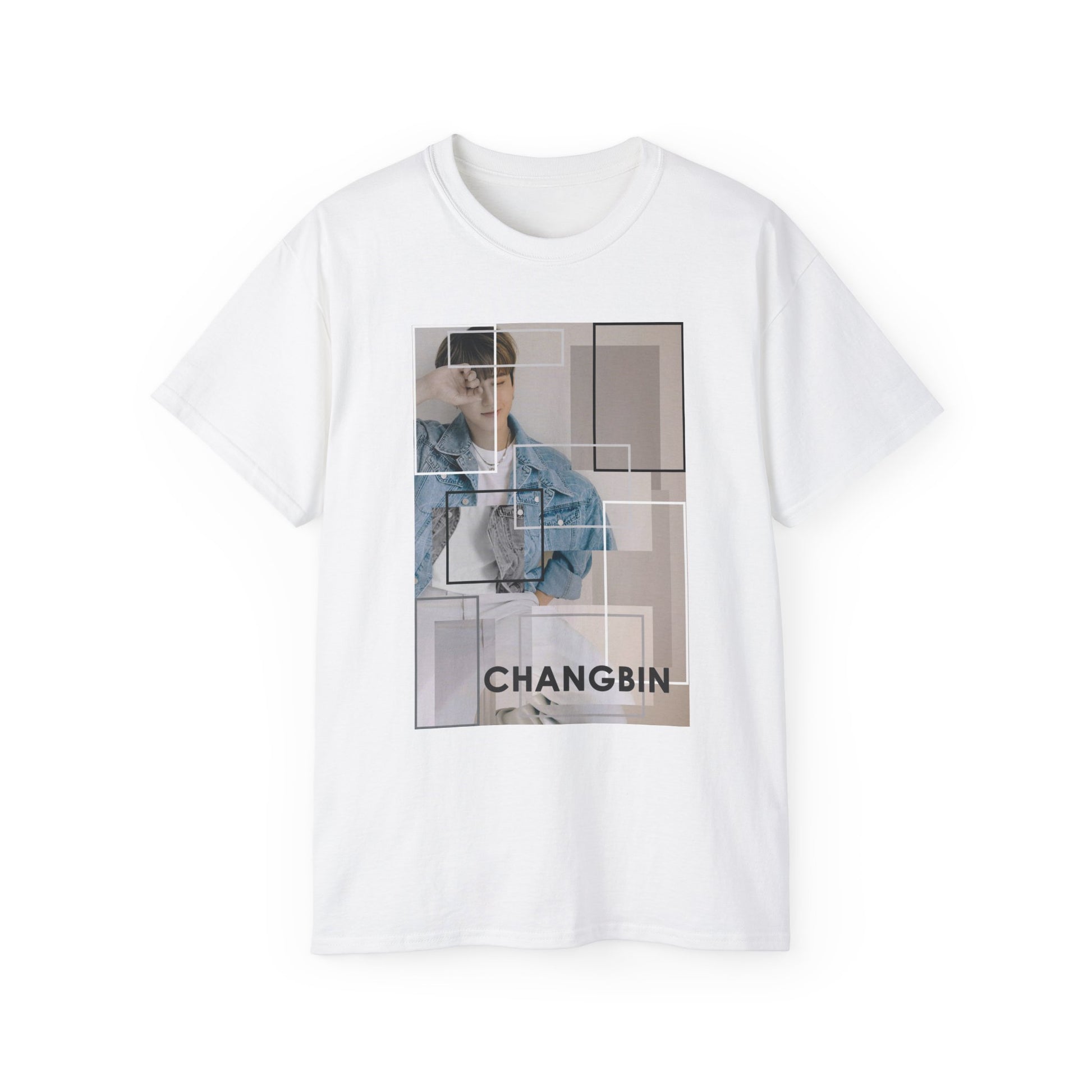 Flat Changbin Stray Kids unisex T-shirt in white, featuring a modern graphic design with layered rectangles in soft sand tones, evoking abstract art and architectural style. ModeK Vetements.