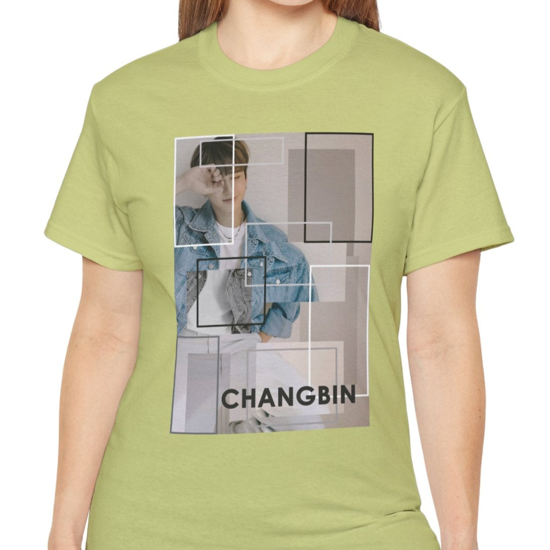 Changbin Stray Kids unisex T-shirt in pistachio, featuring a modern graphic design with layered rectangles in soft sand tones, evoking abstract art and architectural style. ModeK Vetements.