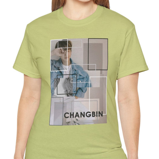 Changbin Stray Kids unisex T-shirt in pistachio, featuring a modern graphic design with layered rectangles in soft sand tones, evoking abstract art and architectural style. ModeK Vetements.