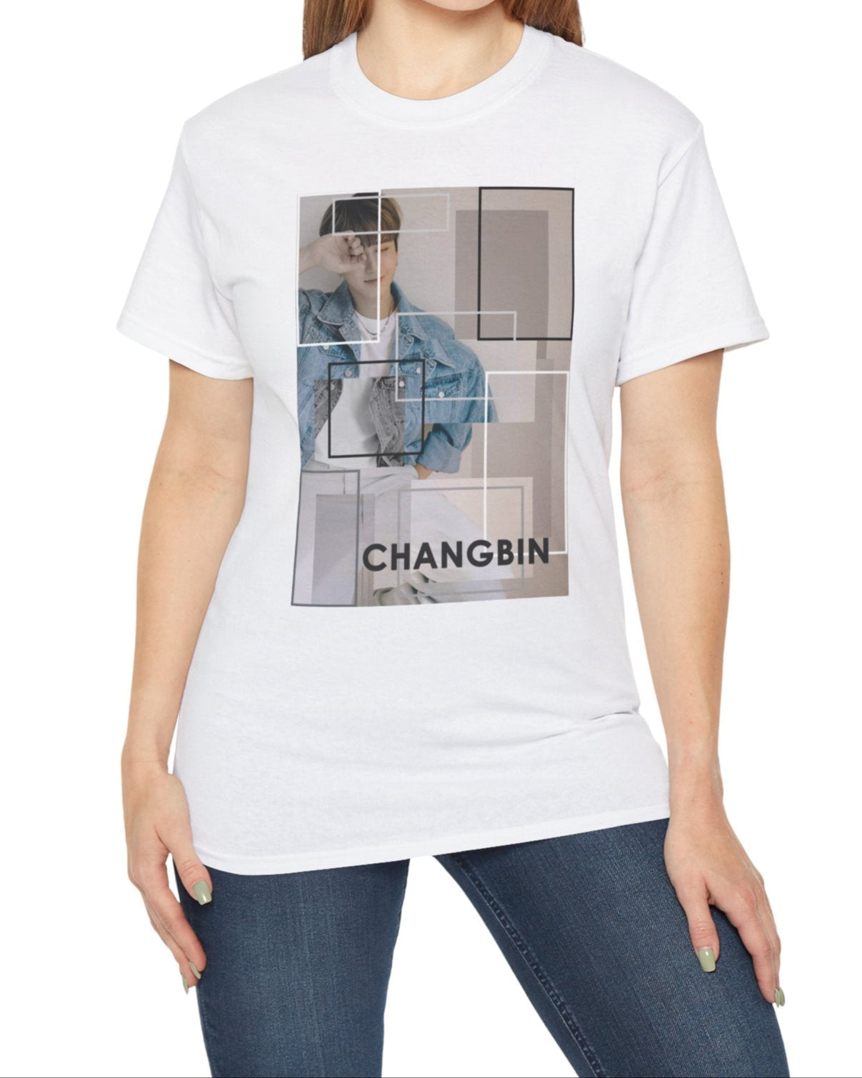 Changbin Stray Kids unisex T-shirt in white, featuring a modern graphic design with layered rectangles in soft sand tones, evoking abstract art and architectural style. ModeK Vetements.