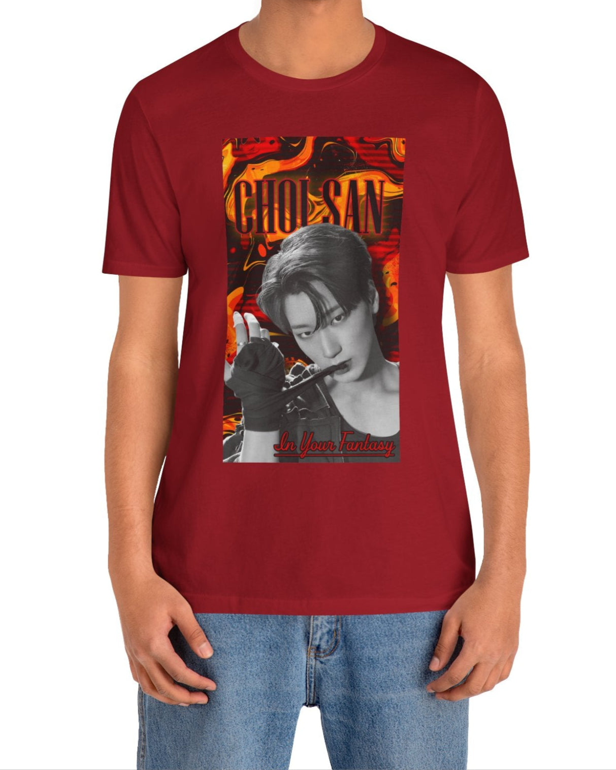 Unisex airlume cotton t-shirt in canvas red, featuring a Monochrome portrait of Choi San of ATEEZ biting a wrap, surrounded by glitch effects and a swirling Fire Engine Red and Gold Drop background. Red glowing text adds heat to the surreal, seductive atmosphere. From ModeK Vetements.