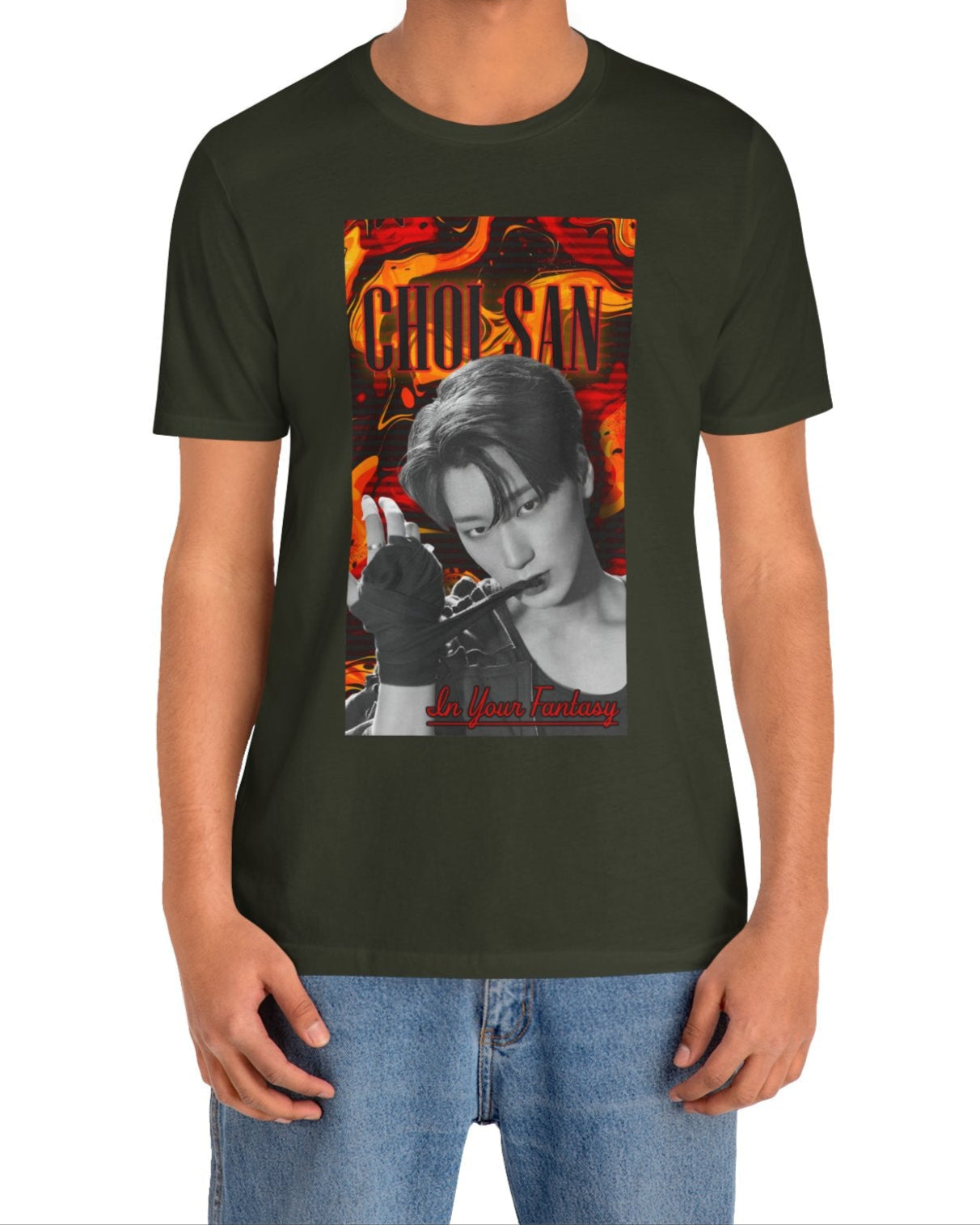 Unisex airlume cotton t-shirt in dark olive, featuring a Monochrome portrait of Choi San of ATEEZ biting a wrap, surrounded by glitch effects and a swirling Fire Engine Red and Gold Drop background. Red glowing text adds heat to the surreal, seductive atmosphere. From ModeK Vetements.