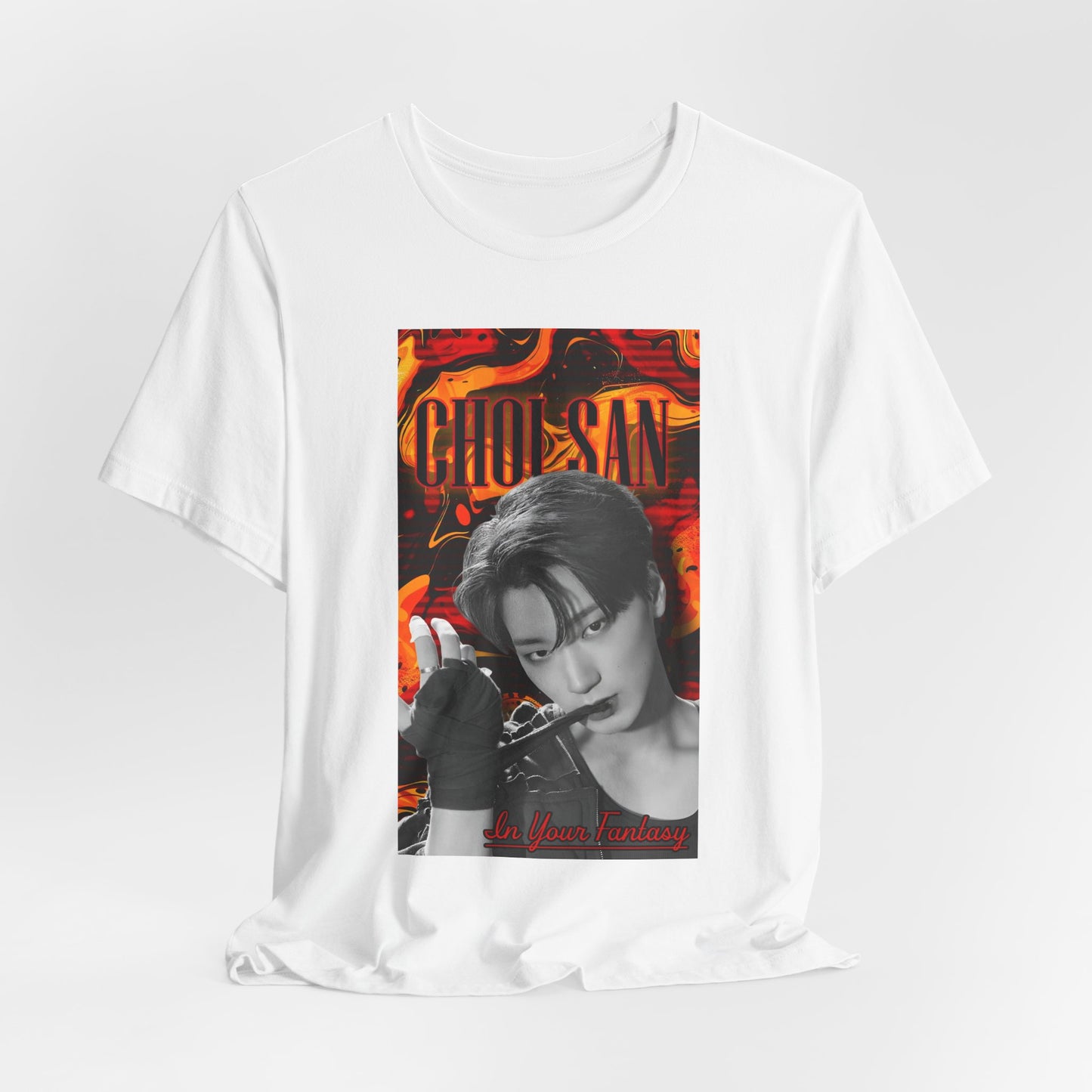 Draped Unisex airlume cotton t-shirt in white, featuring a Monochrome portrait of Choi San of ATEEZ biting a wrap, surrounded by glitch effects and a swirling Fire Engine Red and Gold Drop background. Red glowing text adds heat to the surreal, seductive atmosphere. From ModeK Vetements.