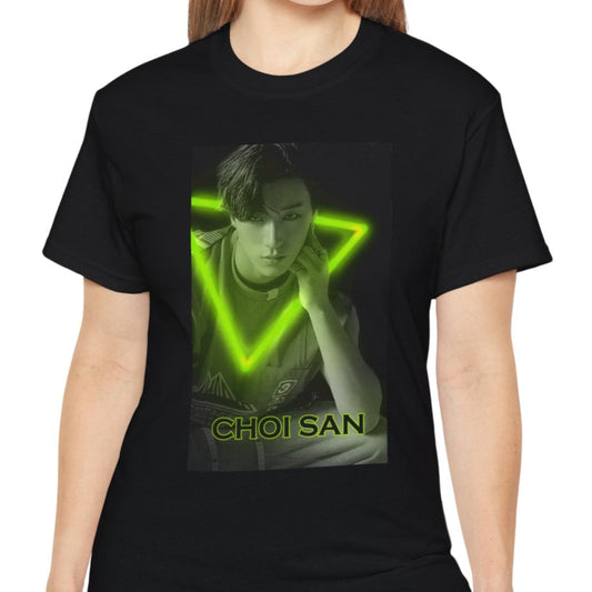 Choi San ATEEZ unisex cotton t-shirt in black, featuring a black-and-white portrait with a neon-inspired green triangle behind him. His hand touches the glowing edge. Printed on 100% US cotton, ethically made and Oeko-Tex certified. ModeK Vetements.