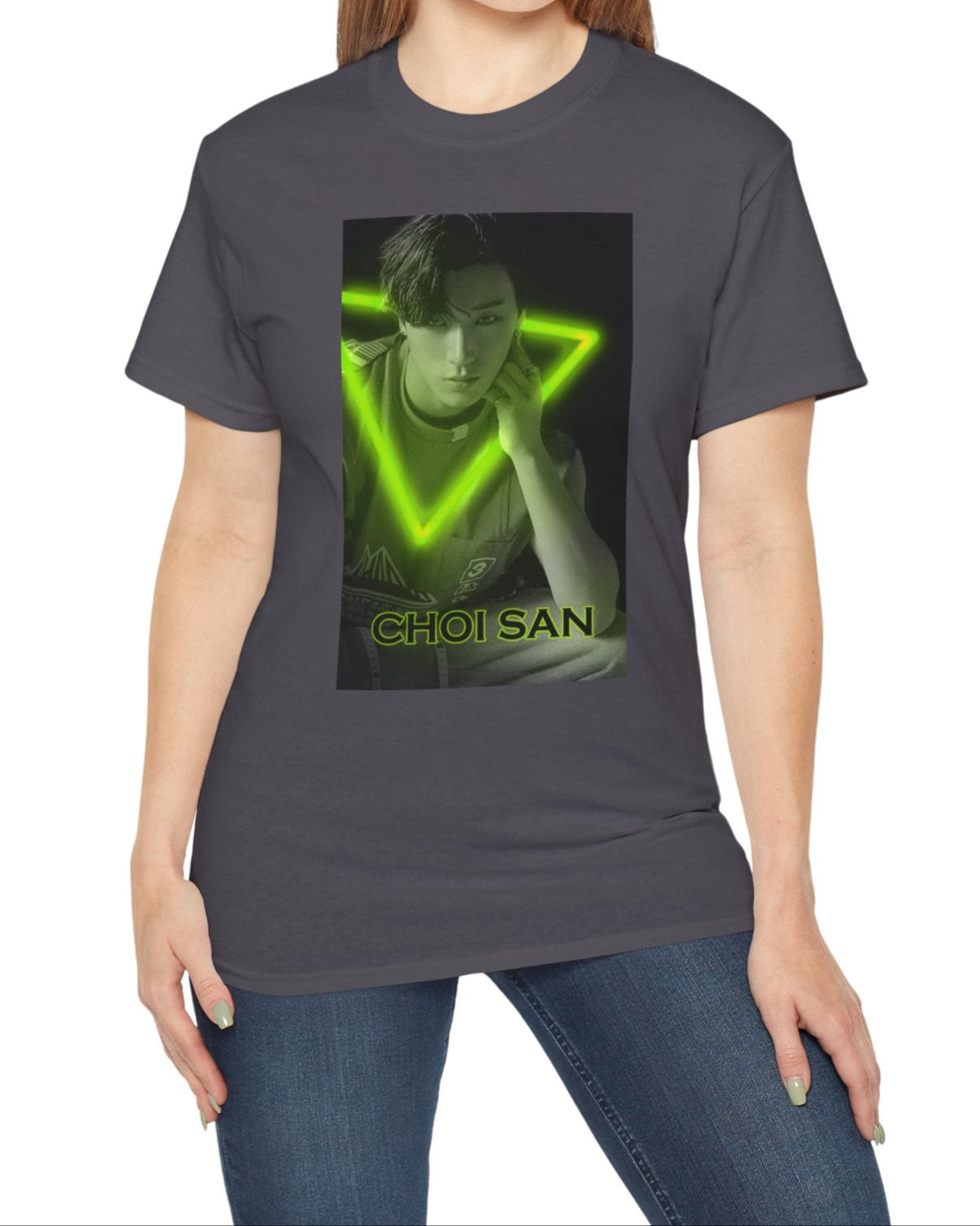 Choi San ATEEZ unisex cotton t-shirt in charcoal, featuring a black-and-white portrait with a neon-inspired green triangle behind him. His hand touches the glowing edge. Printed on 100% US cotton, ethically made and Oeko-Tex certified. ModeK Vetements.