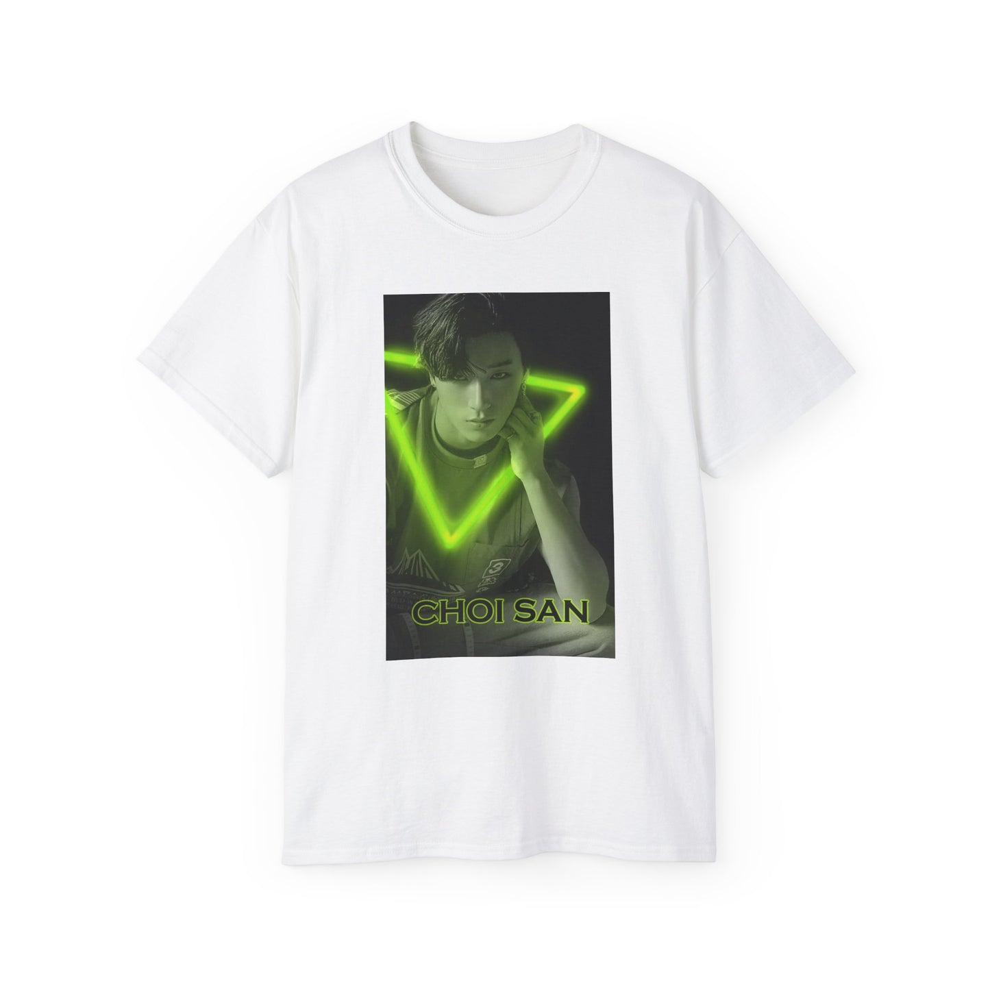 Draped Choi San ATEEZ unisex cotton t-shirt in white, featuring a black-and-white portrait with a neon-inspired green triangle behind him. His hand touches the glowing edge. Printed on 100% US cotton, ethically made and Oeko-Tex certified. ModeK Vetements.