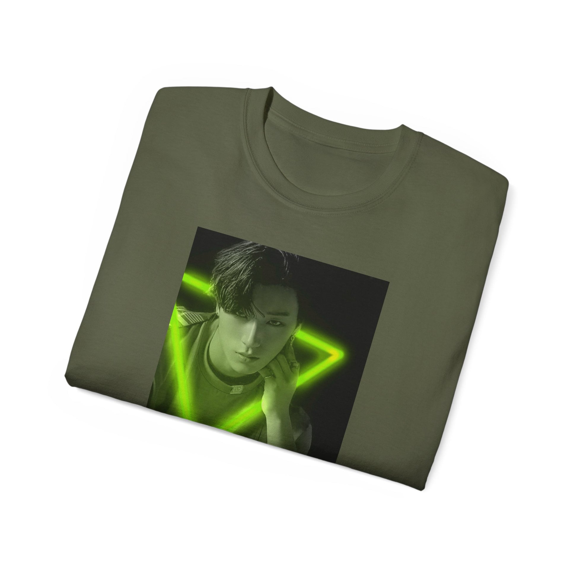 Folded Choi San ATEEZ unisex cotton t-shirt in military green, featuring a black-and-white portrait with a neon-inspired green triangle behind him. His hand touches the glowing edge. Printed on 100% US cotton, ethically made and Oeko-Tex certified. ModeK Vetements.