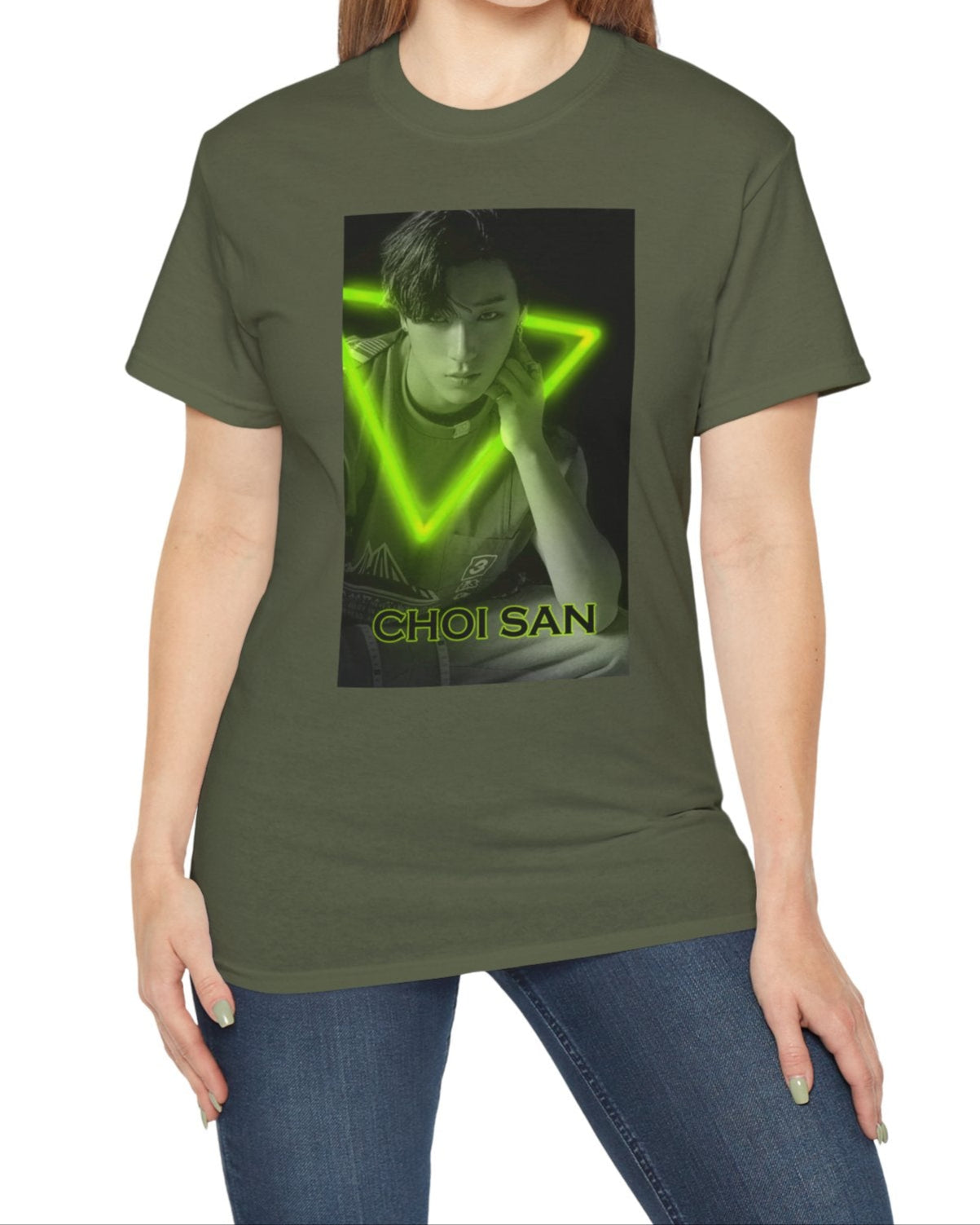 Choi San ATEEZ unisex cotton t-shirt in military green, featuring a black-and-white portrait with a neon-inspired green triangle behind him. His hand touches the glowing edge. Printed on 100% US cotton, ethically made and Oeko-Tex certified. ModeK Vetements.