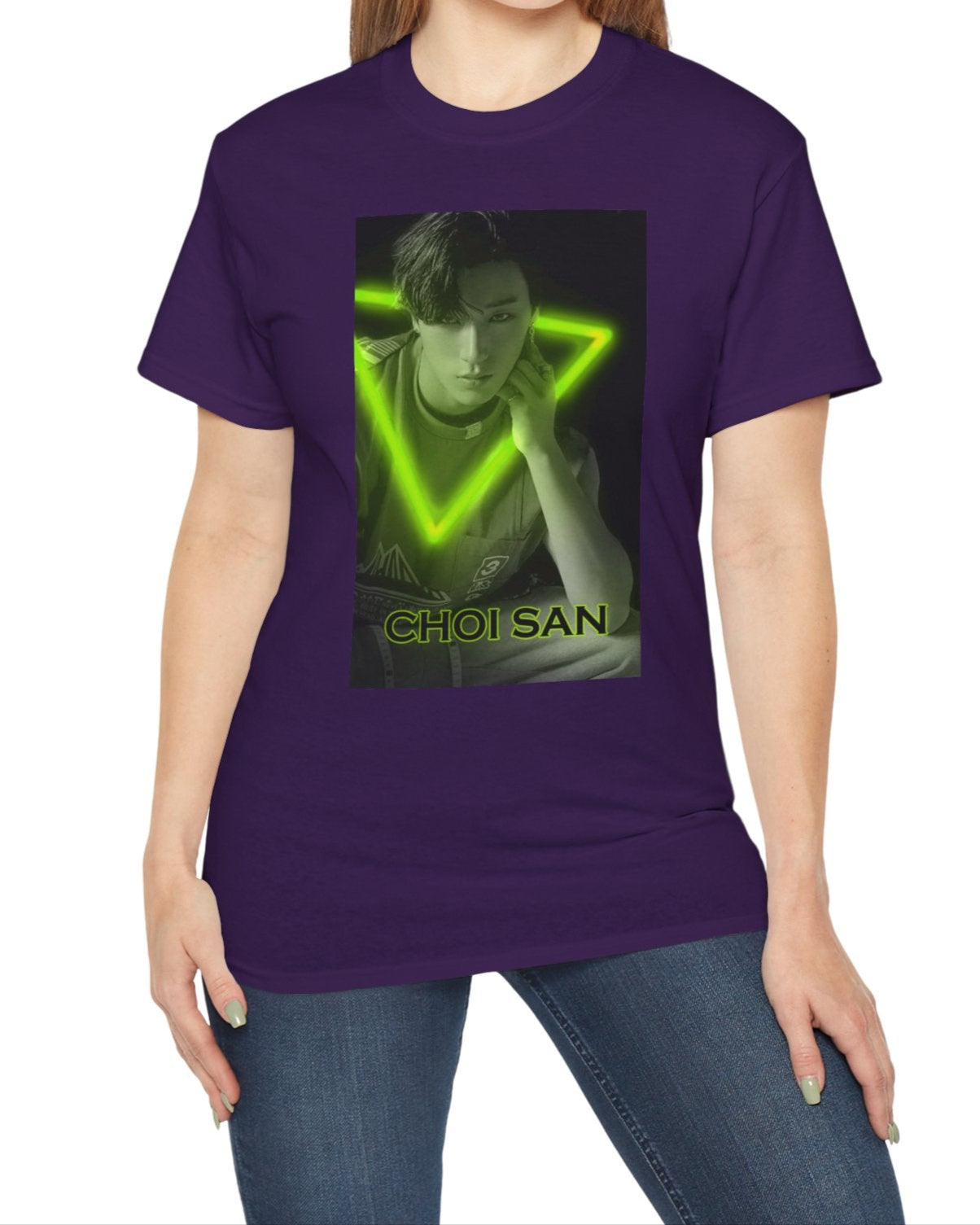 Choi San ATEEZ unisex cotton t-shirt in purple, featuring a black-and-white portrait with a neon-inspired green triangle behind him. His hand touches the glowing edge. Printed on 100% US cotton, ethically made and Oeko-Tex certified. ModeK Vetements.
