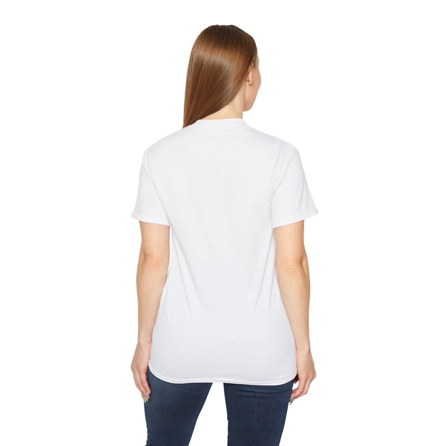 Back of the Choi San ATEEZ unisex cotton t-shirt in white, featuring a black-and-white portrait with a neon-inspired green triangle behind him. His hand touches the glowing edge. Printed on 100% US cotton, ethically made and Oeko-Tex certified. ModeK Vetements.