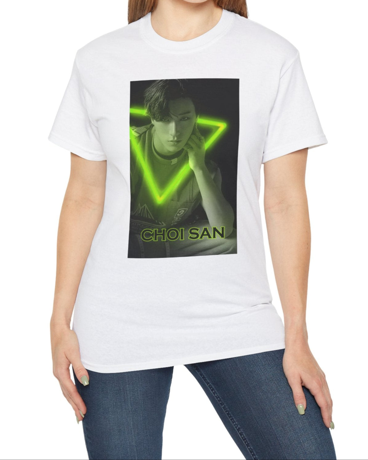 Choi San ATEEZ unisex cotton t-shirt in white, featuring a black-and-white portrait with a neon-inspired green triangle behind him. His hand touches the glowing edge. Printed on 100% US cotton, ethically made and Oeko-Tex certified. ModeK Vetements.